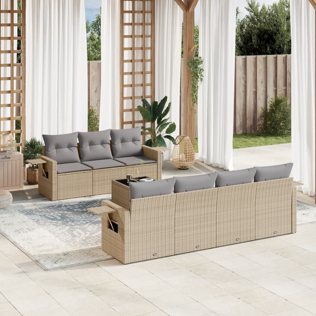 8 Pcs conjunto de sofás p/ jardim com almofadões vime PE bege