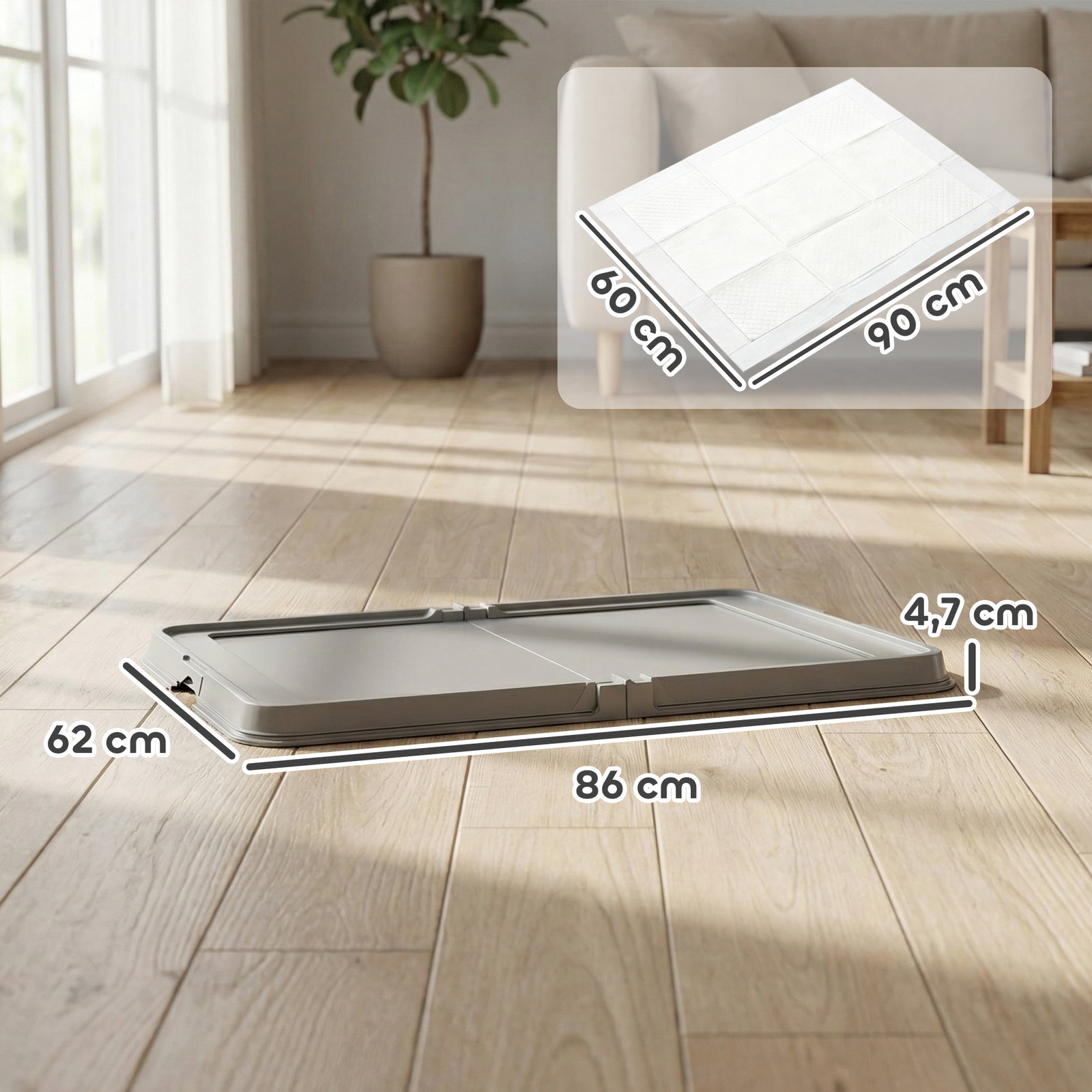 Sanitário dobrável para cães 86x62 cm tabuleiro higiênico treino 3 almofadas pés antiderrapantes cinzento