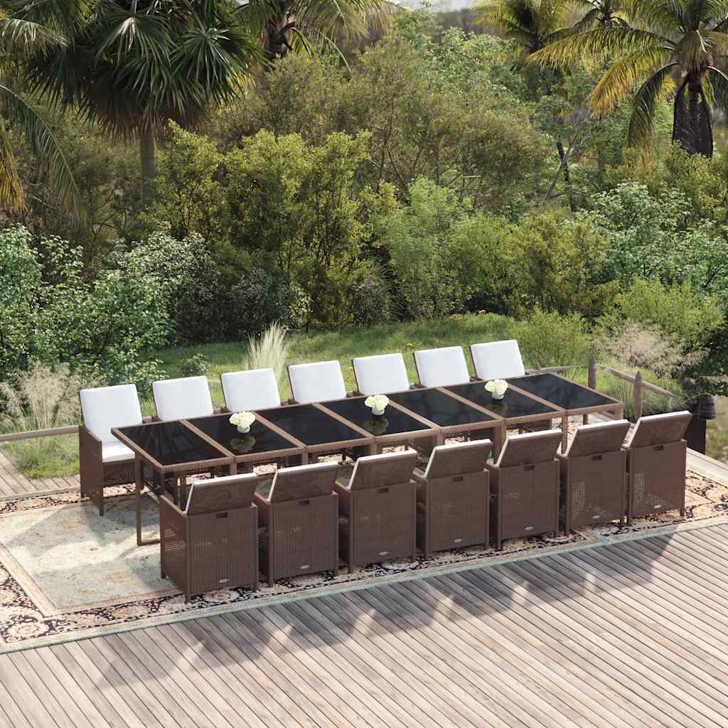 15 Pcs conjunto jantar p/ jardim c/ almofadões vime PE castanho