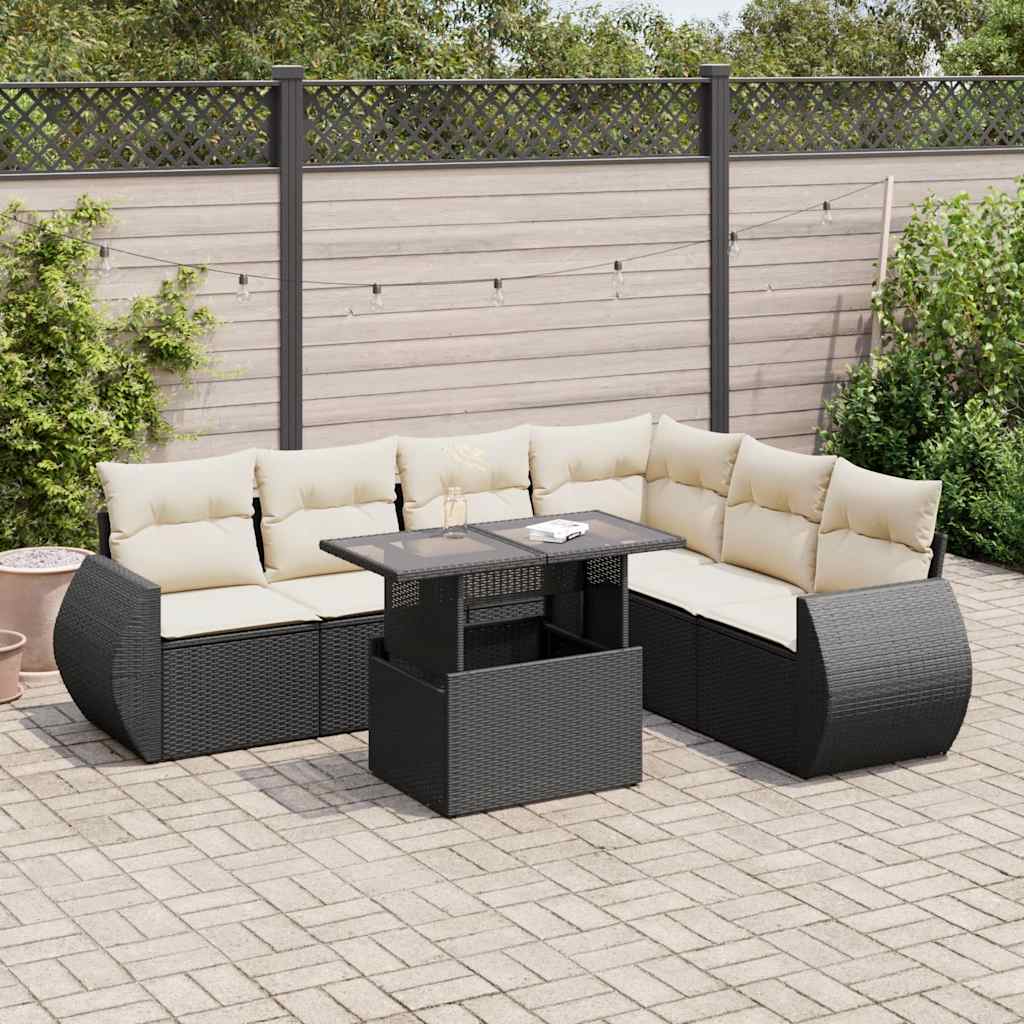 7 Pcs conjunto de sofás p/ jardim c/ almofadões vime PE preto