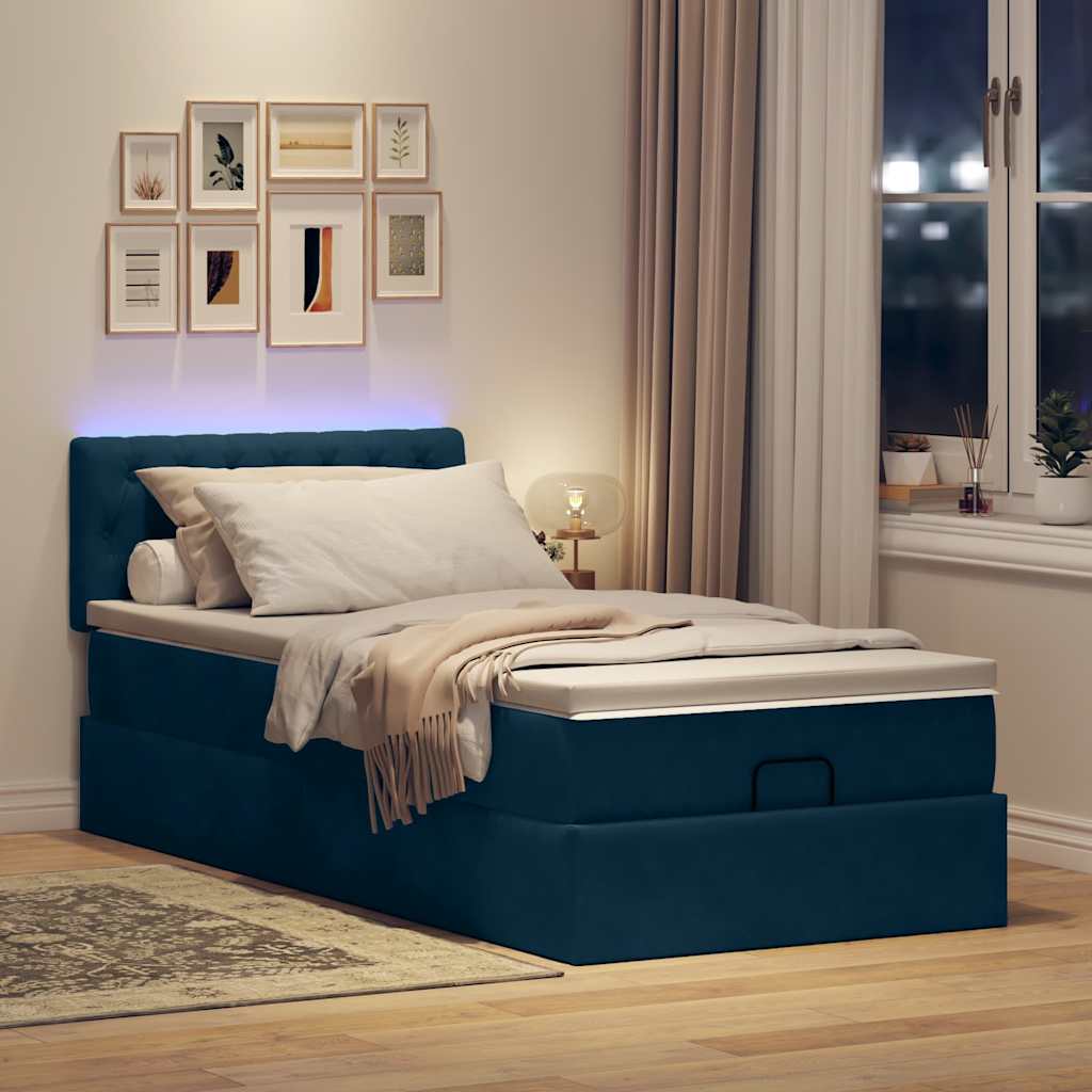Cama otomana com colchão & leds 80x200cm veludo azul-escuro