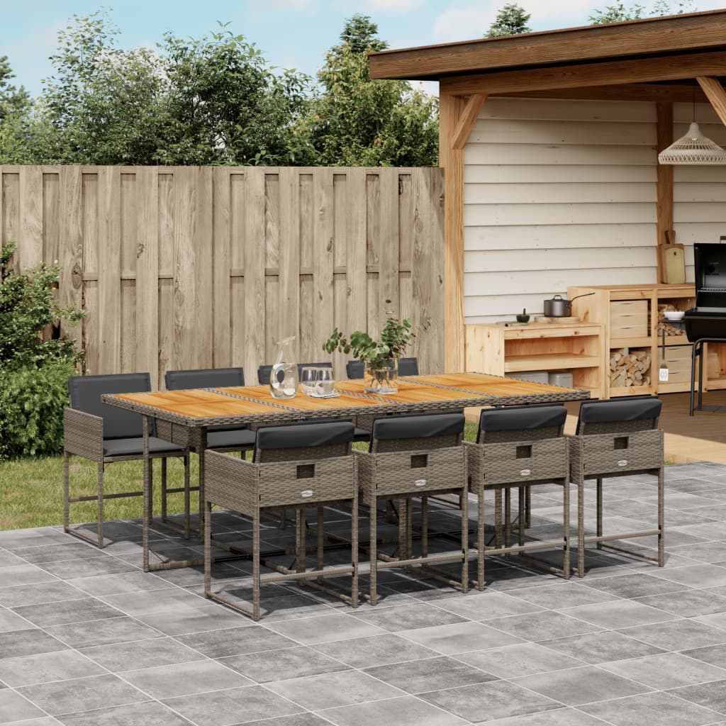 9 Pcs conjunto de jantar p/ jardim c/ almofadões vime PE cinza