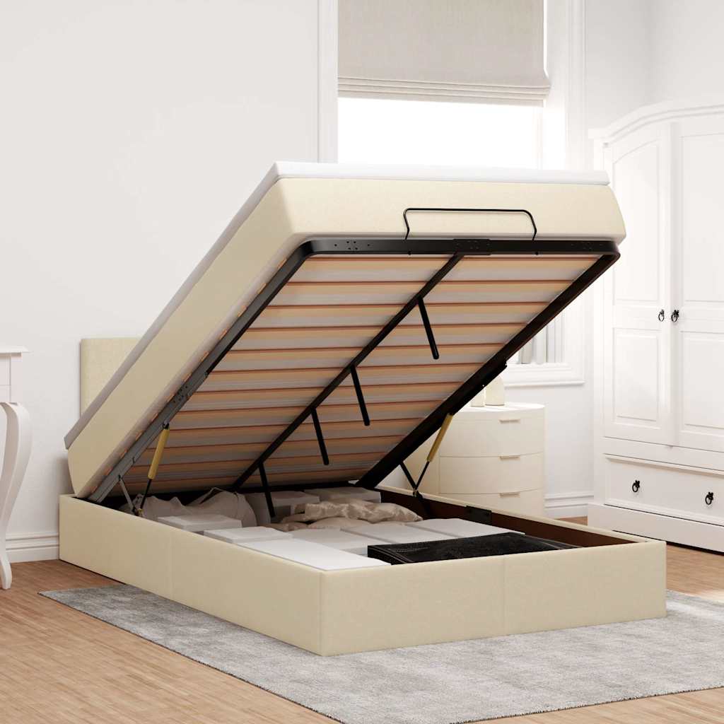 Cama otomana com colchão & leds 120x190cm tecido creme