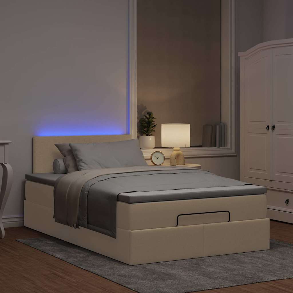 Cama otomana com colchão & leds 120x190cm tecido creme