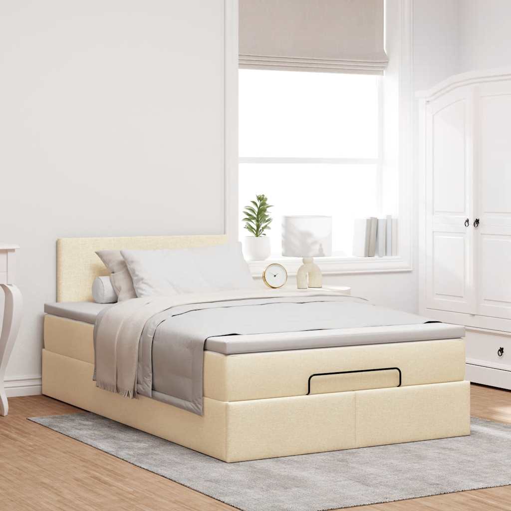 Cama otomana com colchão & leds 120x190cm tecido creme