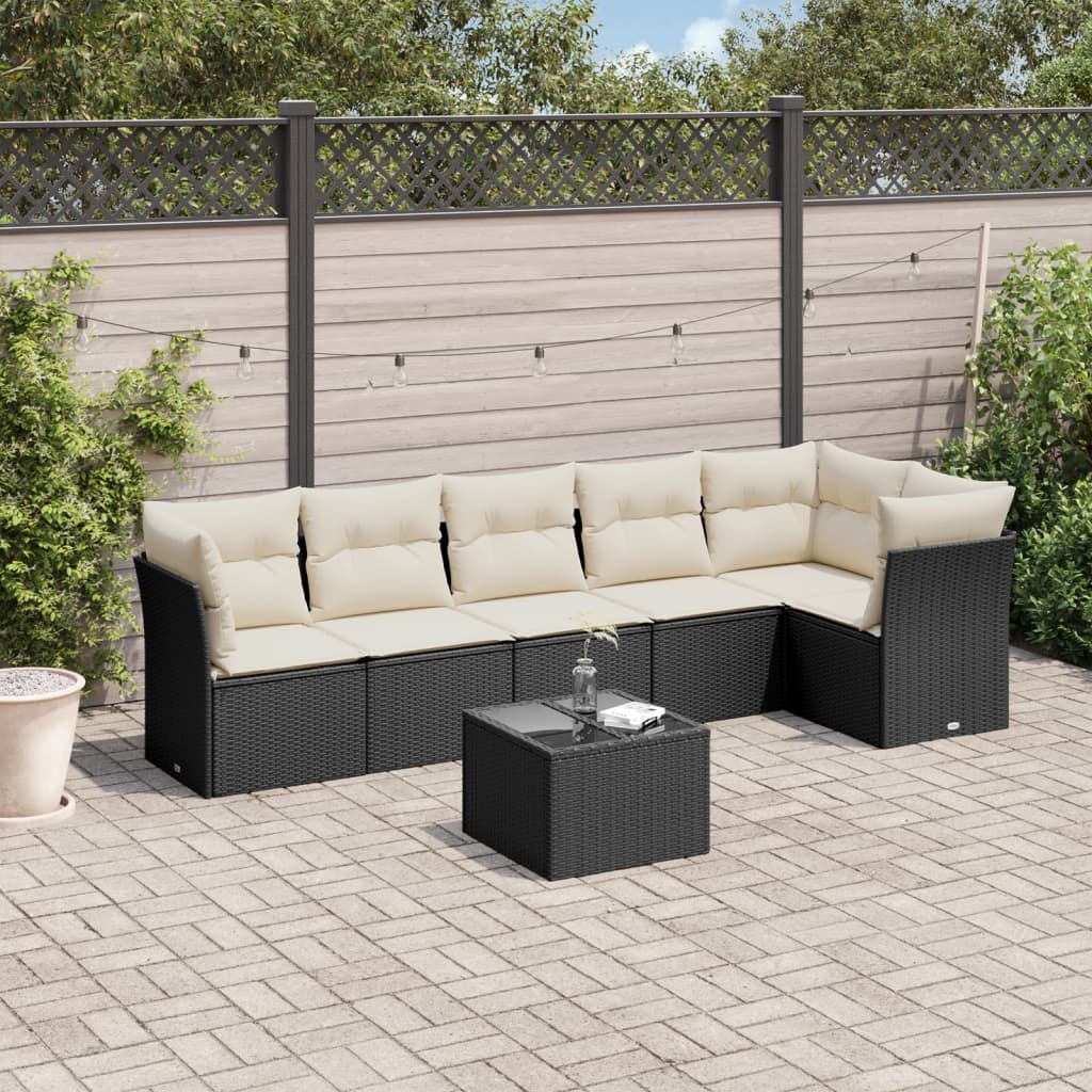 7 Pcs conjunto de sofás p/ jardim c/ almofadões vime PE preto