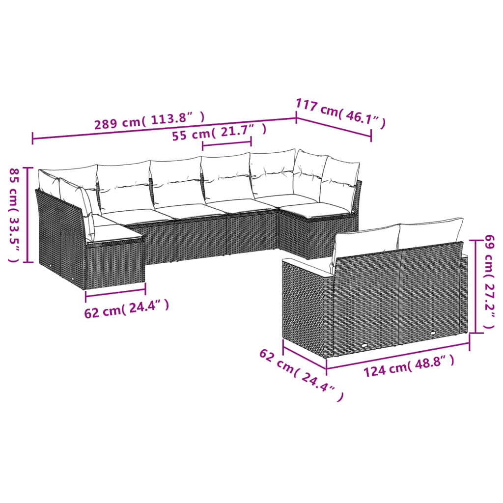 9 Pcs conjunto de sofás p/ jardim c/ almofadões vime PE preto