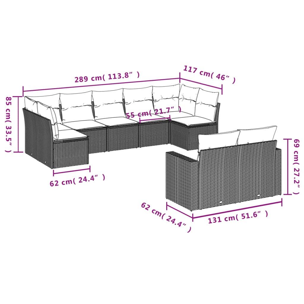 9 Pcs conjunto de sofás p/ jardim c/ almofadões vime PE preto