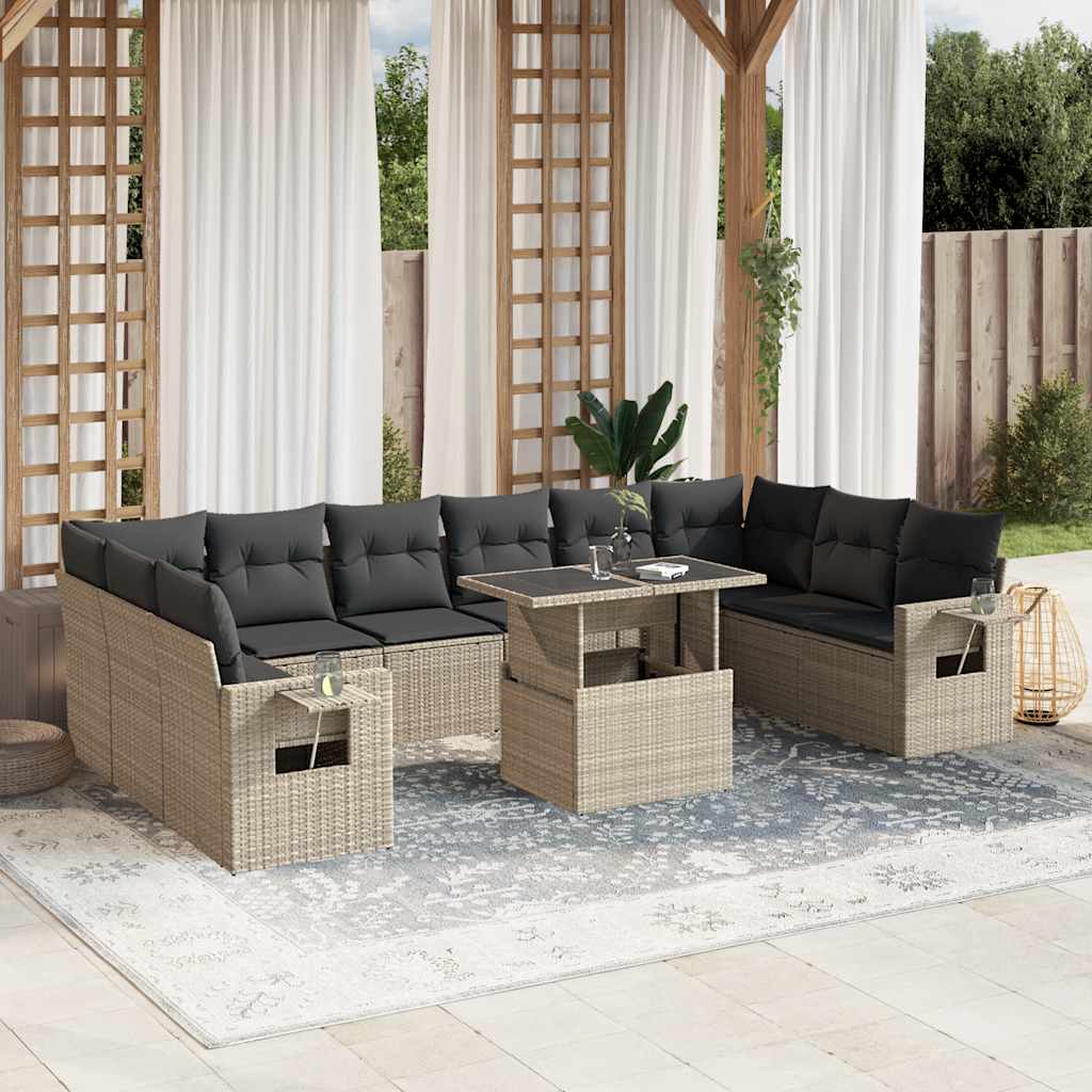 11 Pcs conjunto sofás de jardim c/ almofadões vime PE cinzento