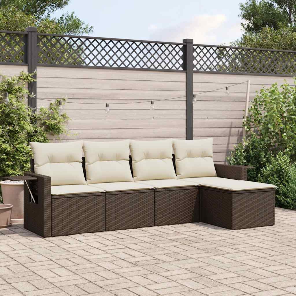5 Pcs conjunto sofás p/ jardim c/ almofadões vime PE castanho