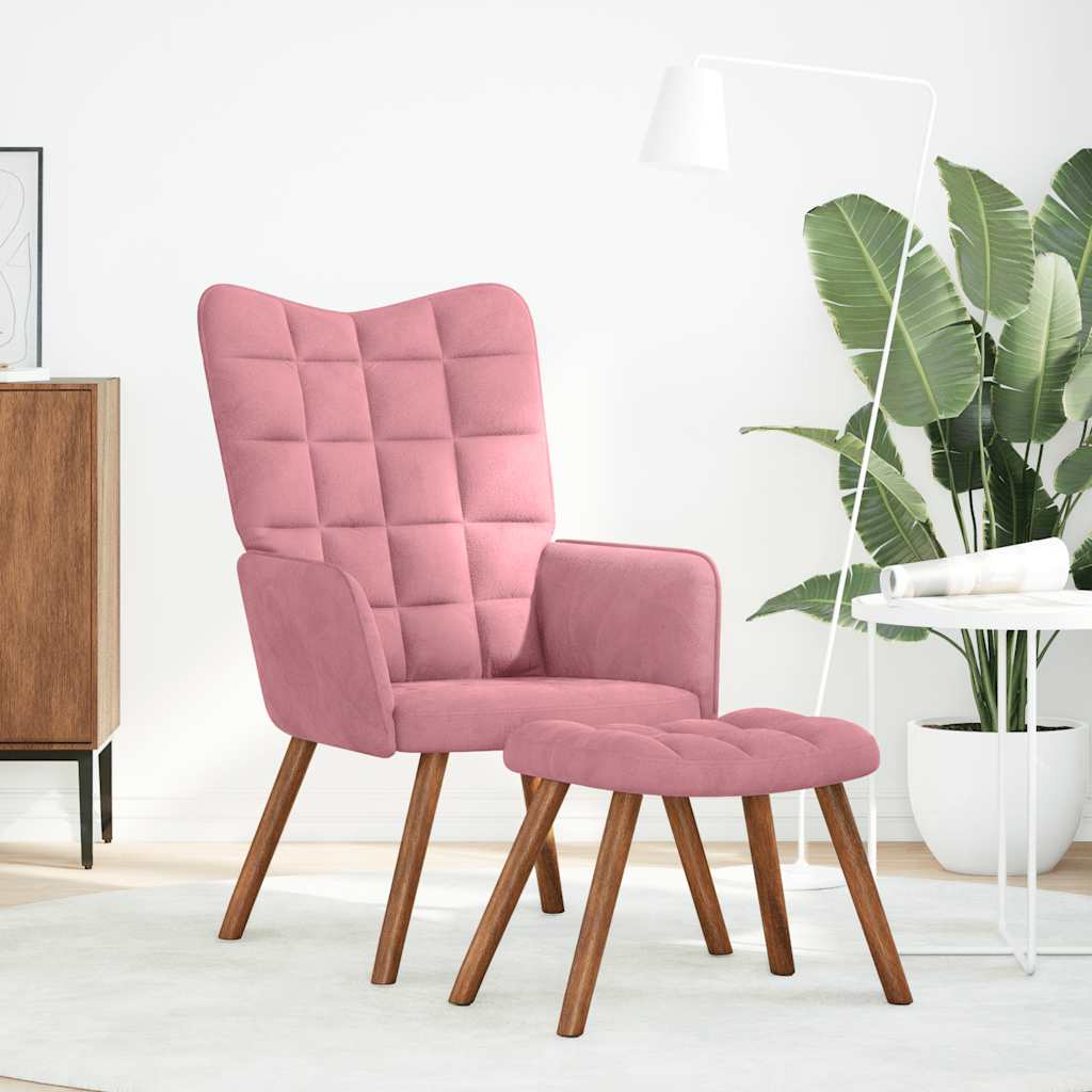 Cadeira de descanso com banco veludo rosa