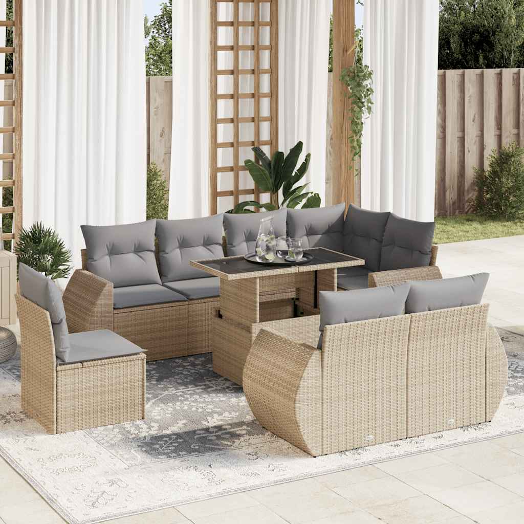 9 Pcs conjunto de sofás p/ jardim com almofadões vime PE bege
