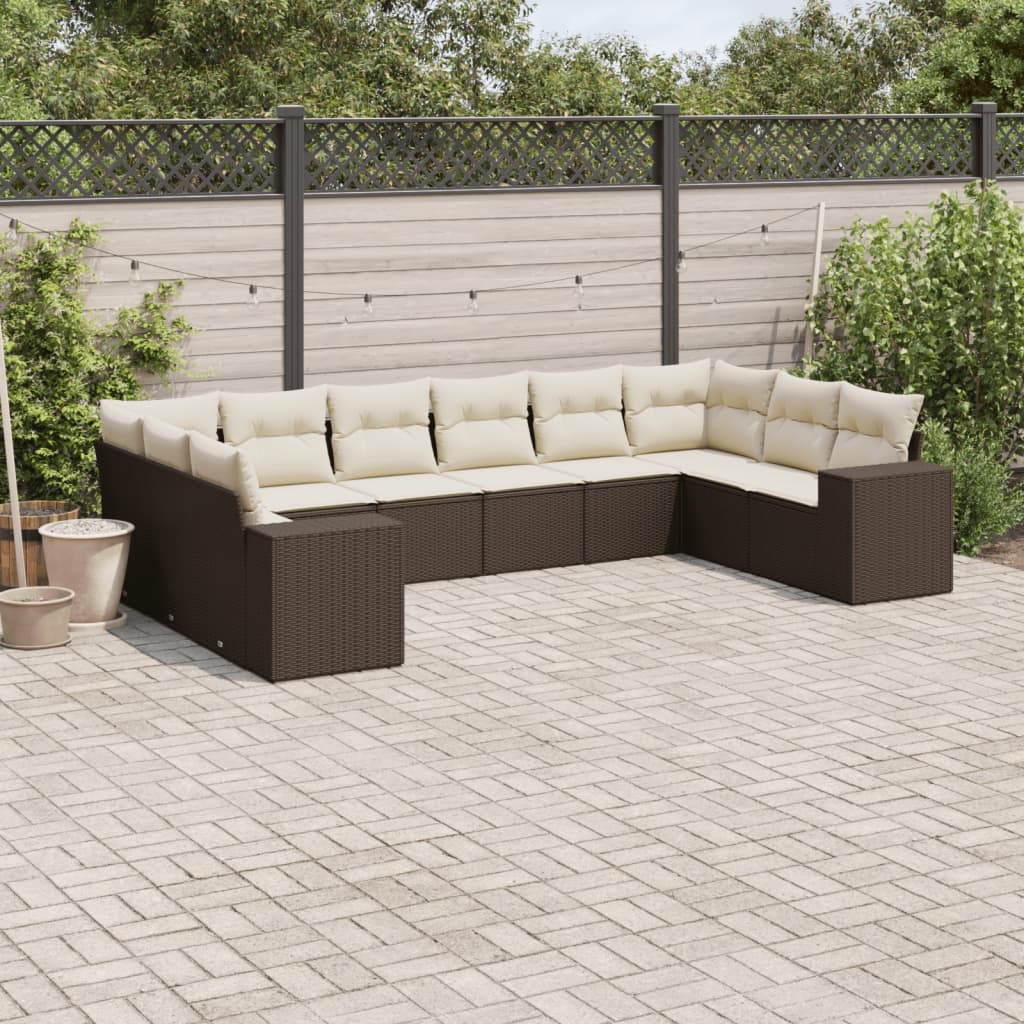 10 Pcs conj. sofás jardim com almofadões vime PE castanho