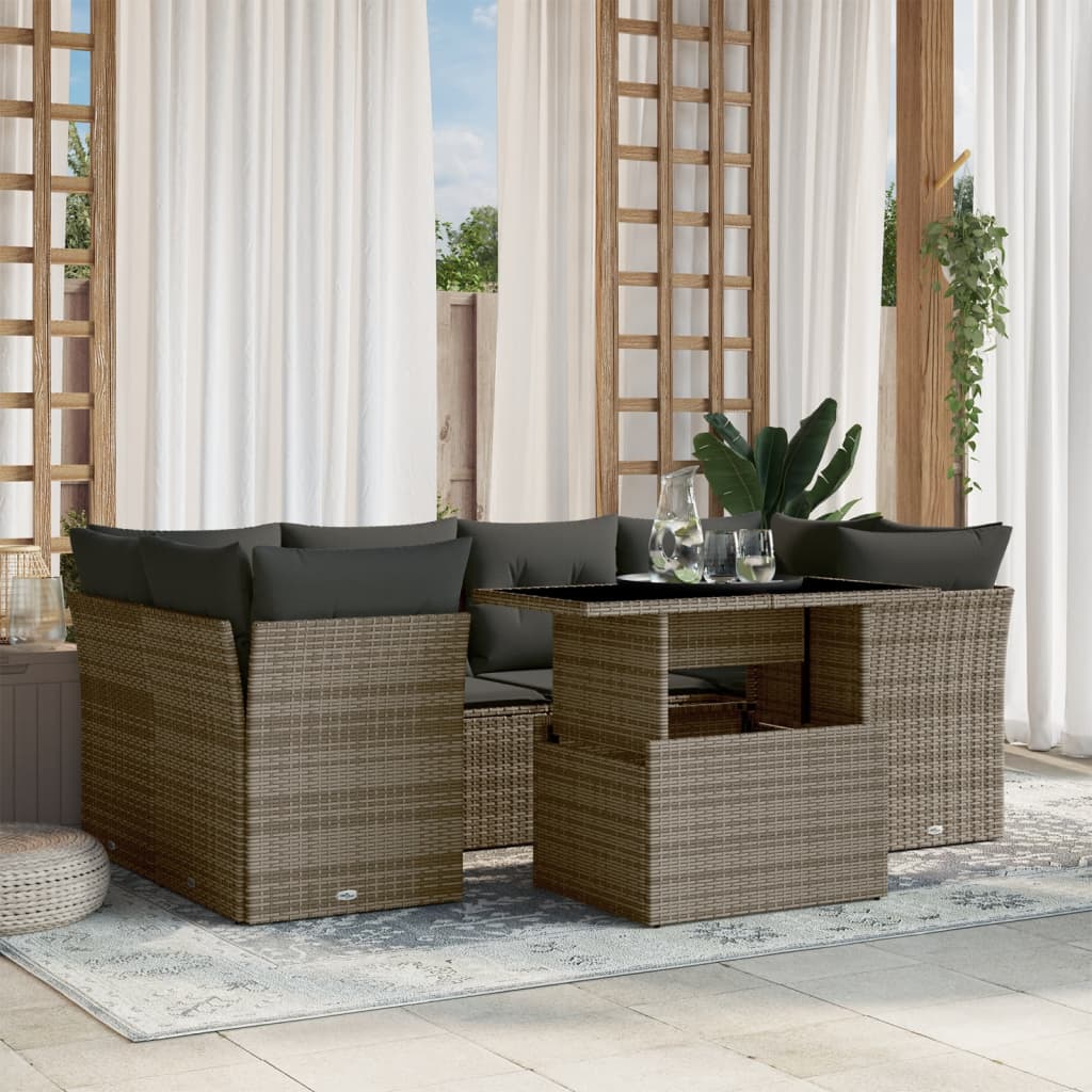 7 Pcs conjunto sofás p/ jardim c/ almofadões vime PE cinzento