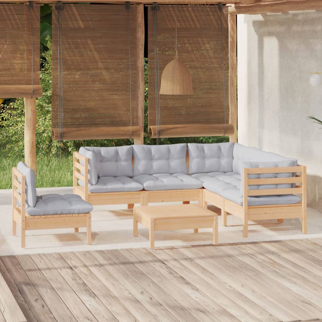 6 Pcs conjunto lounge de jardim c/ almofadões cinza pinho