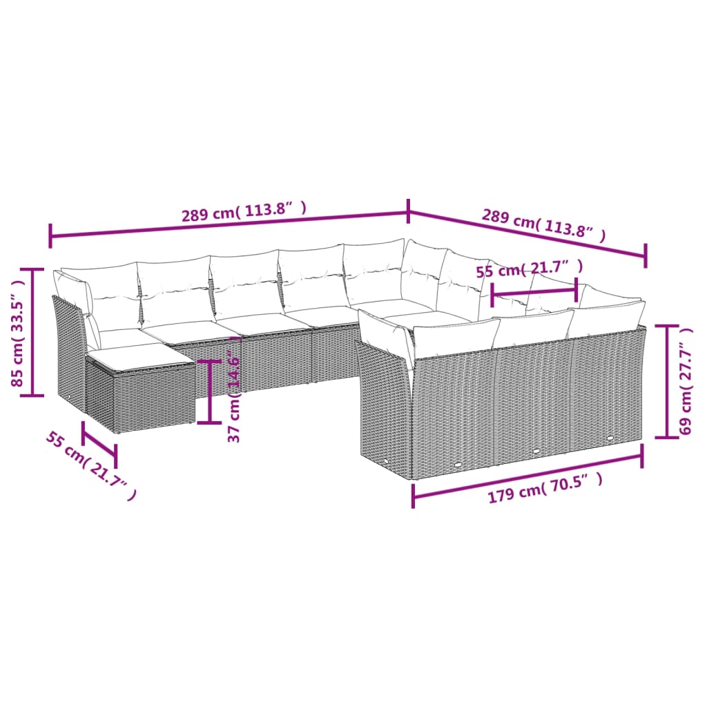 12 Pcs conjunto de sofás p/ jardim com almofadões vime PE bege