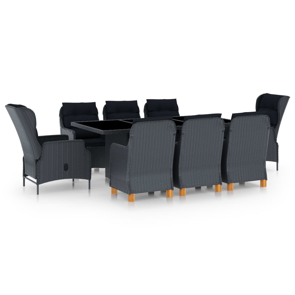 9 Pcs conj. jantar exterior c/ almofadões vime PE cinza-escuro