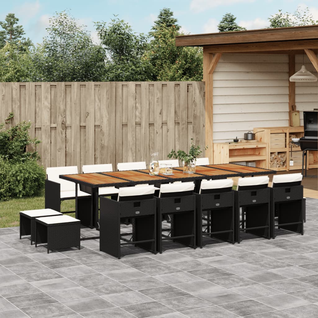 15 Pcs conjunto de jantar p/jardim com almofadões vime PE preto