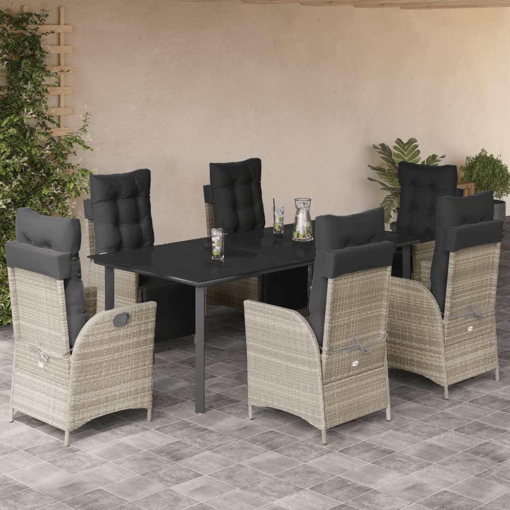 7 Pcs conj. jantar p/ jardim c/ almofadões vime PE cinza-claro
