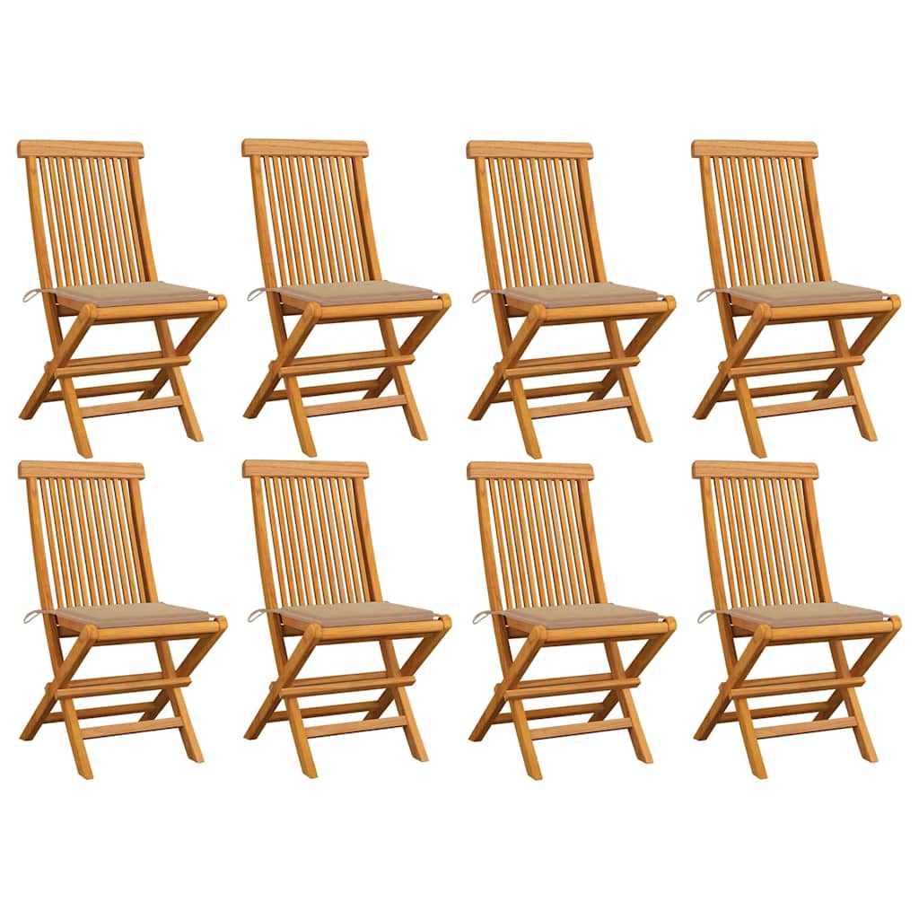 Cadeiras de jardim c/ almofadões beges 8 pcs teca maciça