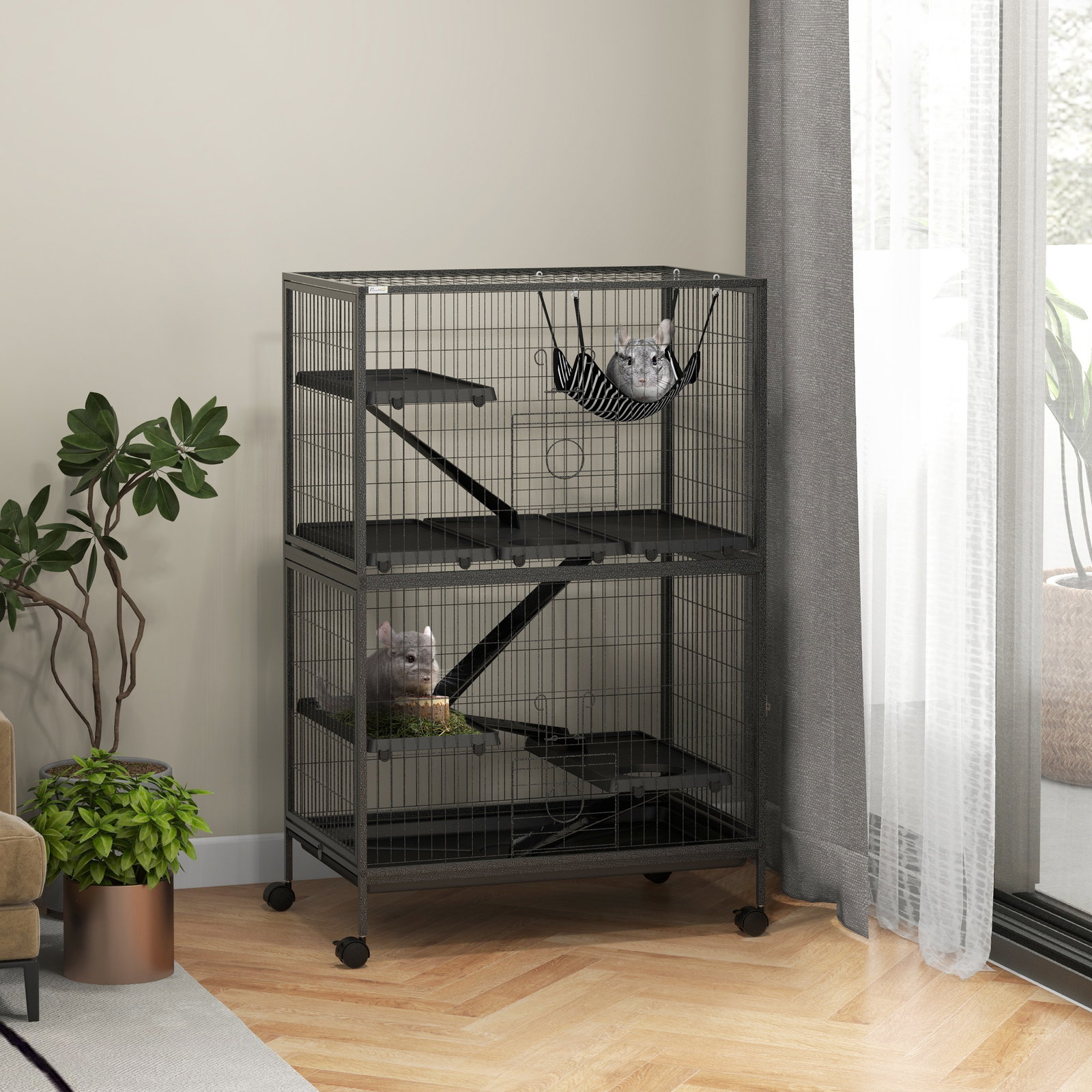 Gaiola para roedores 80x52x128 cm casa de 4 alturas com rampas suspensa rede bandeja removível rodas cinza escuro