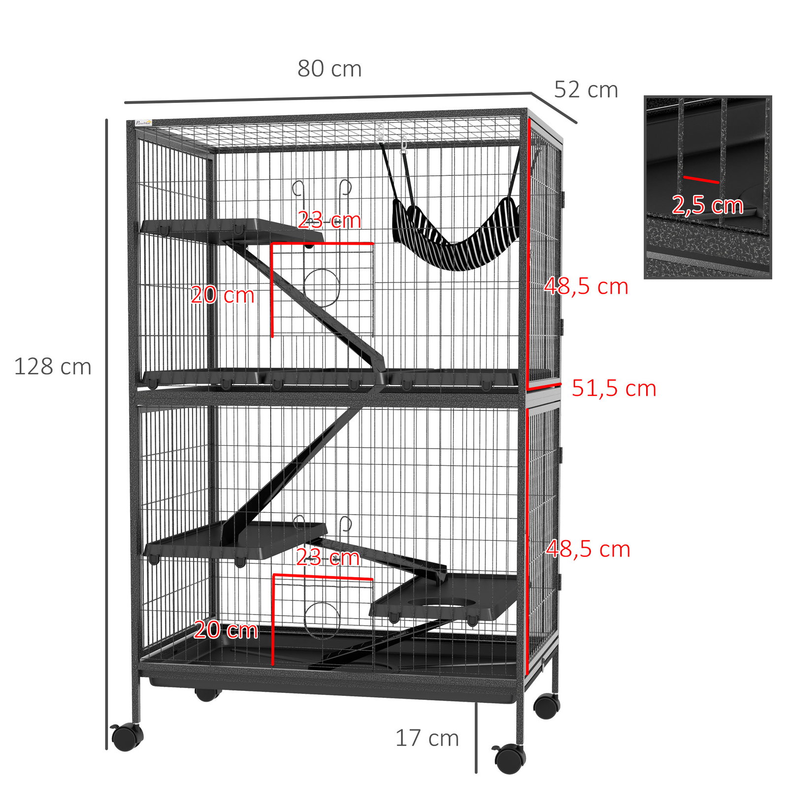Gaiola para roedores 80x52x128 cm casa de 4 alturas com rampas suspensa rede bandeja removível rodas cinza escuro