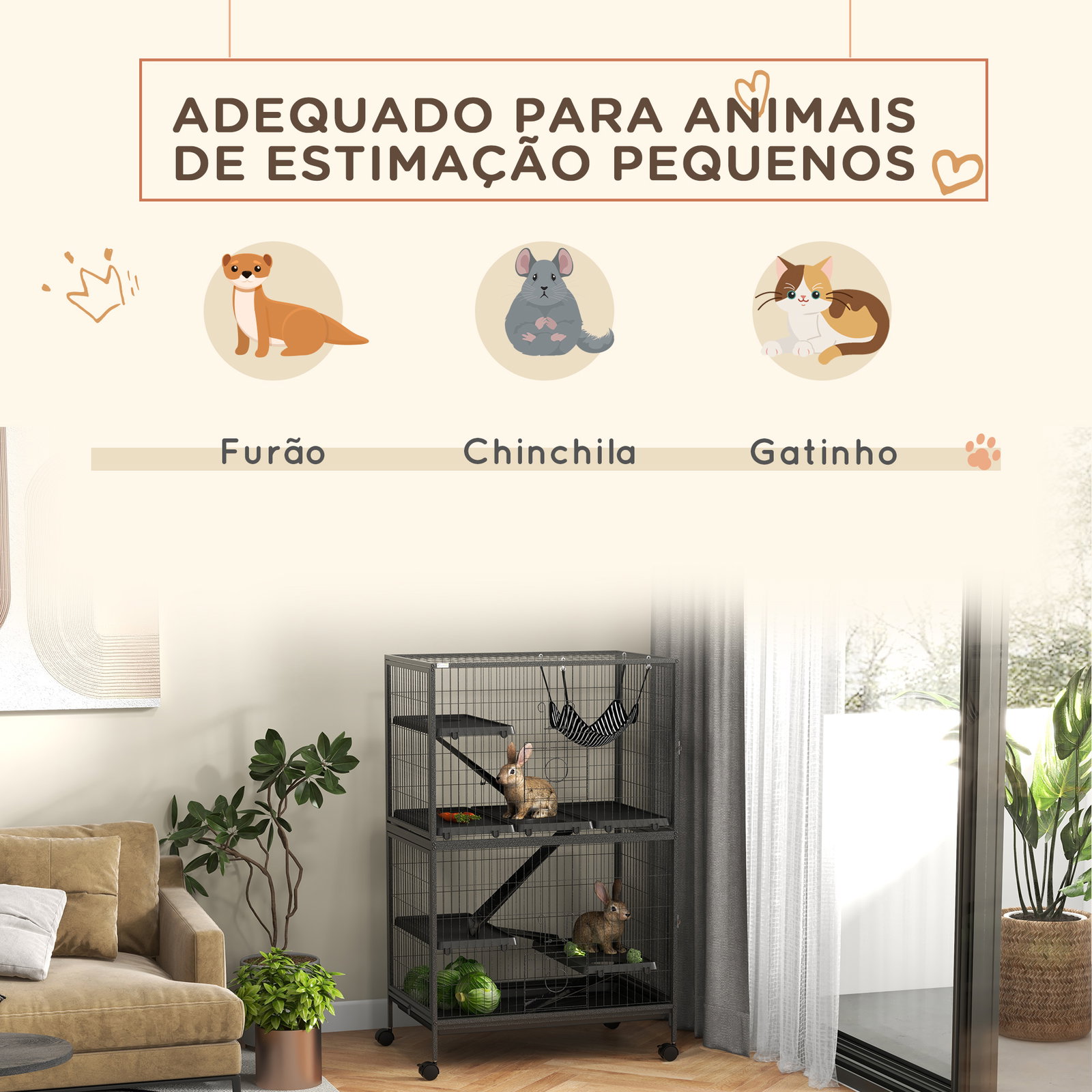 Gaiola para roedores 80x52x128 cm casa de 4 alturas com rampas suspensa rede bandeja removível rodas cinza escuro