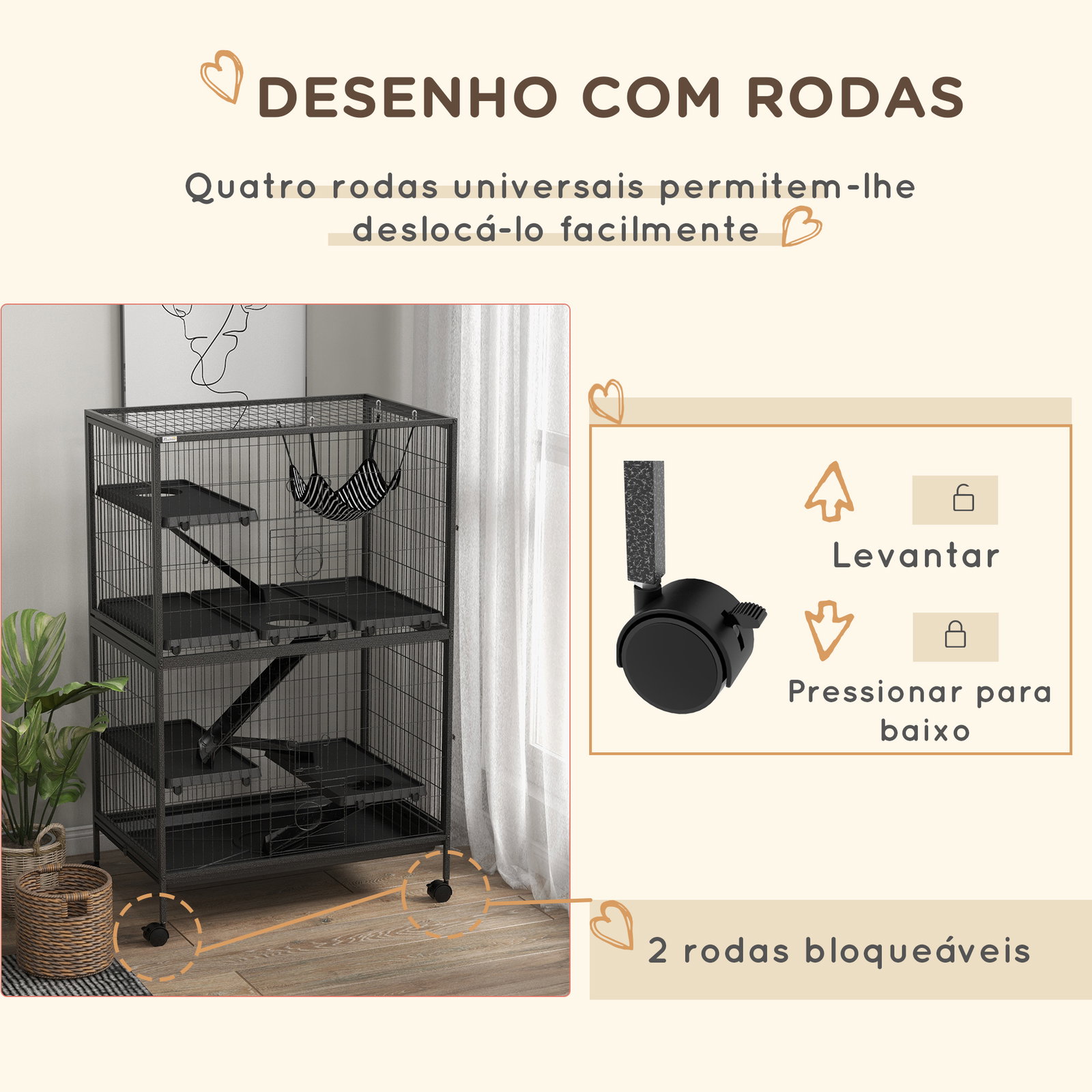 Gaiola para roedores 80x52x128 cm casa de 4 alturas com rampas suspensa rede bandeja removível rodas cinza escuro