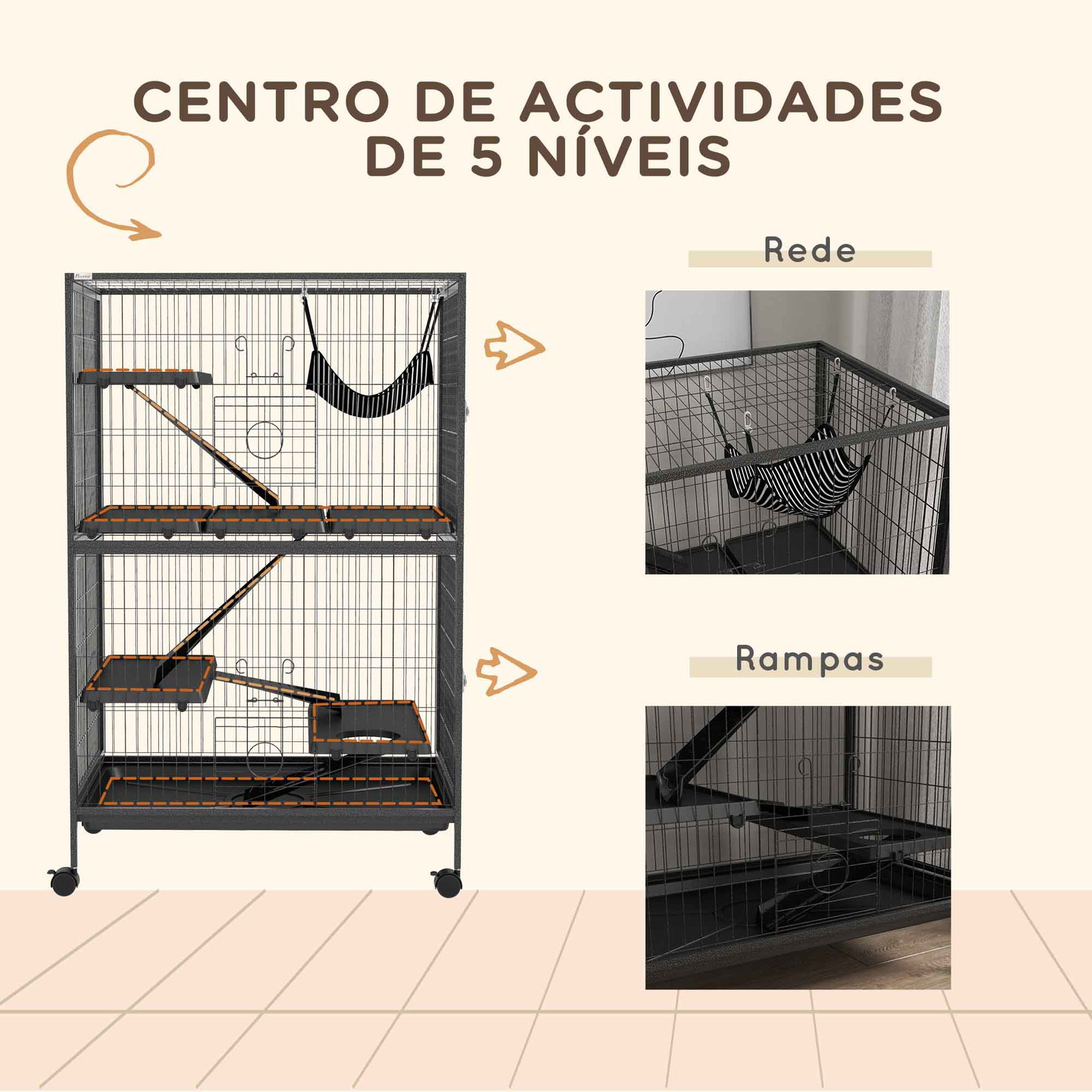 Gaiola para roedores 80x52x128 cm casa de 4 alturas com rampas suspensa rede bandeja removível rodas cinza escuro