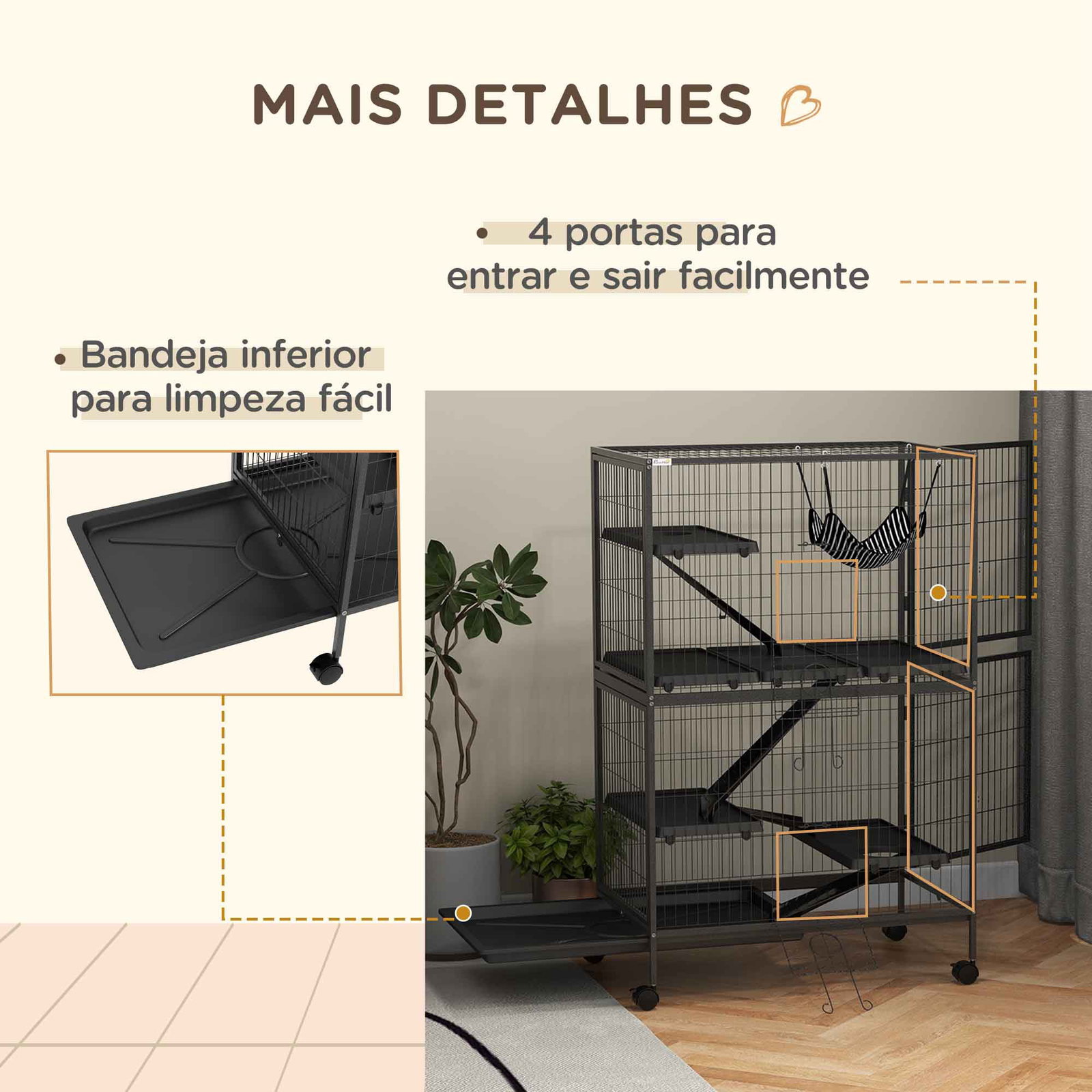 Gaiola para roedores 80x52x128 cm casa de 4 alturas com rampas suspensa rede bandeja removível rodas cinza escuro