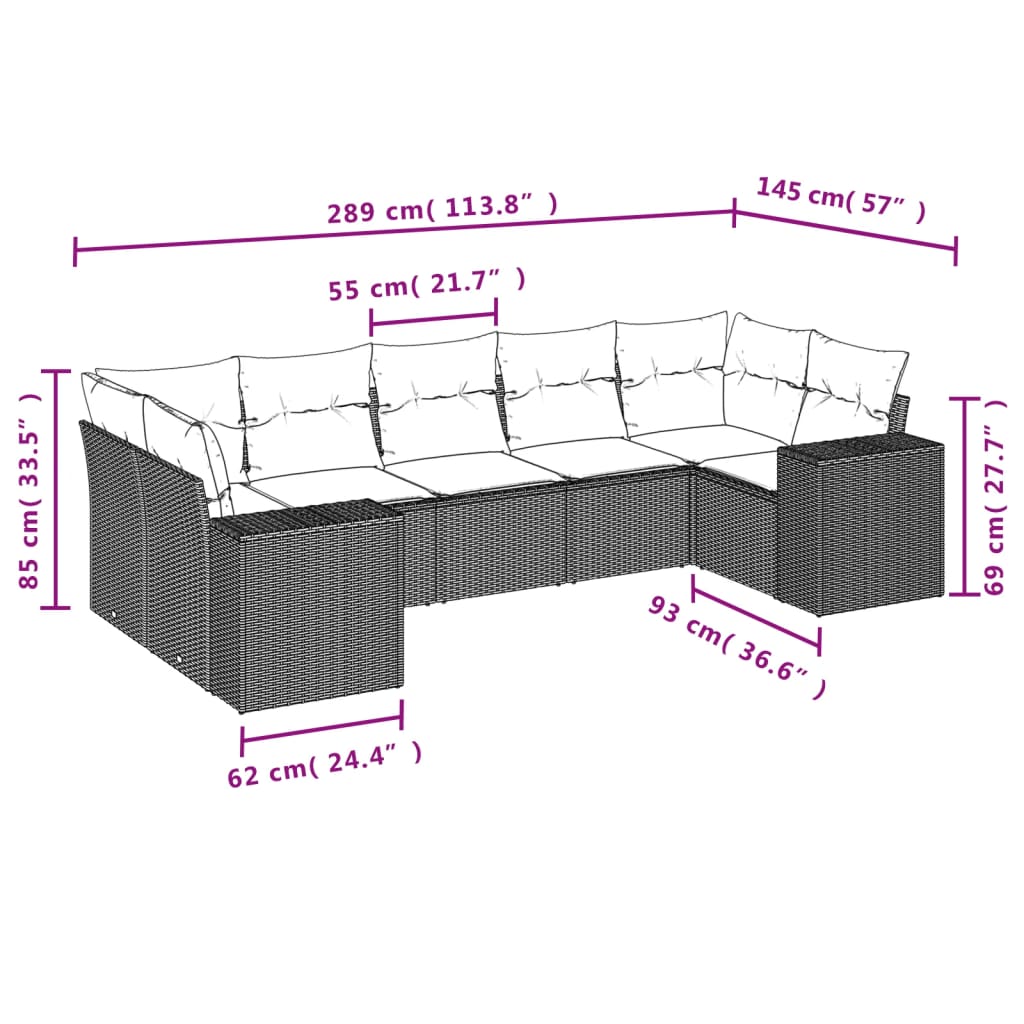 7 Pcs conjunto de sofás jardim c/ almofadões vime PE castanho