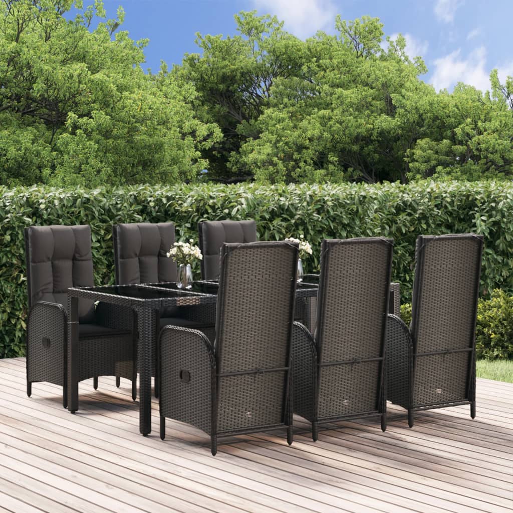 7 Pcs conjunto jantar jardim c/ almofadões vime PE preto/cinza