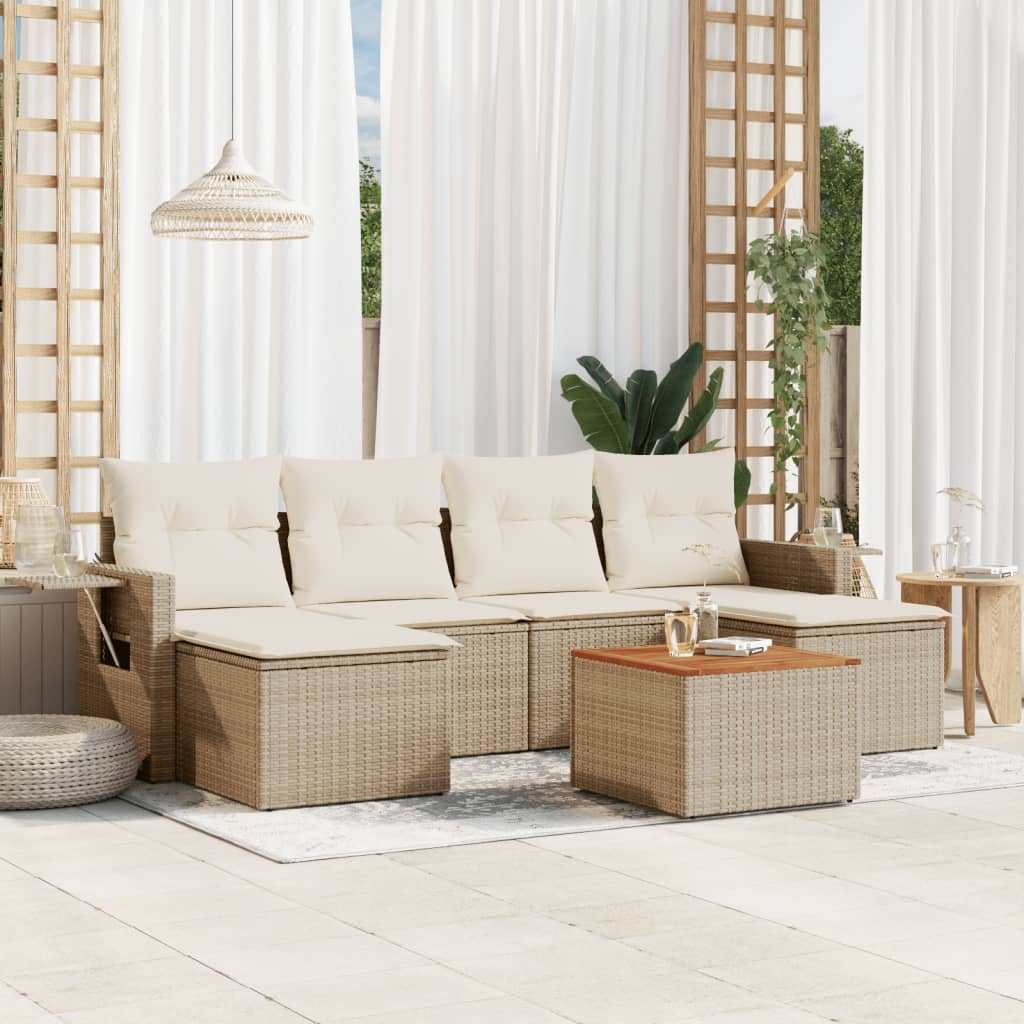 7 Pcs conjunto de sofás p/ jardim com almofadões vime PE bege
