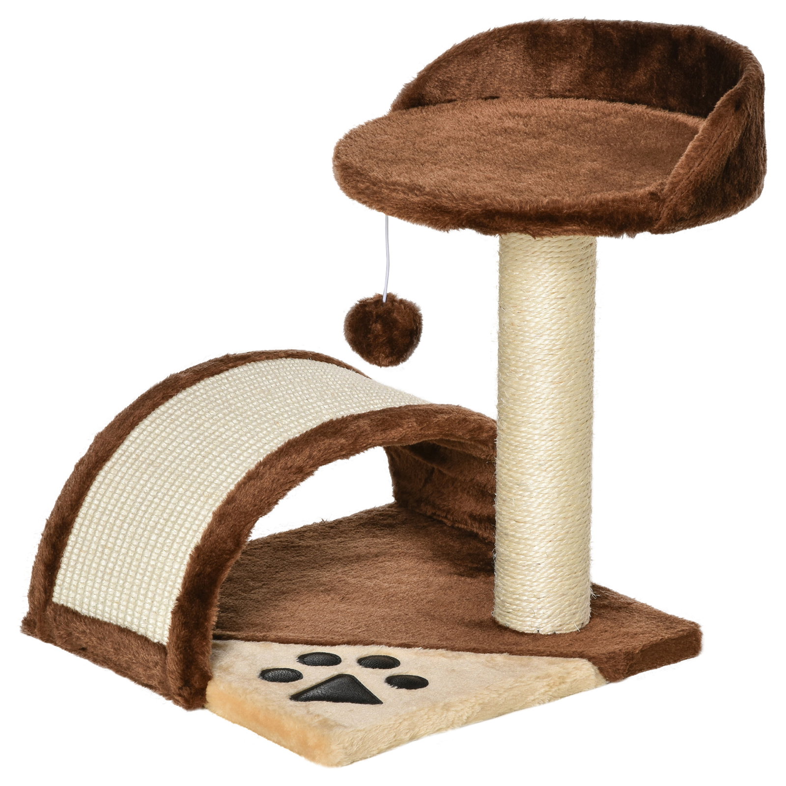 Árvore arranhador para gatos de 2 níveis com poste e tapete de arranhar cama e bola suspensa 35,5x37x46 cm marrom