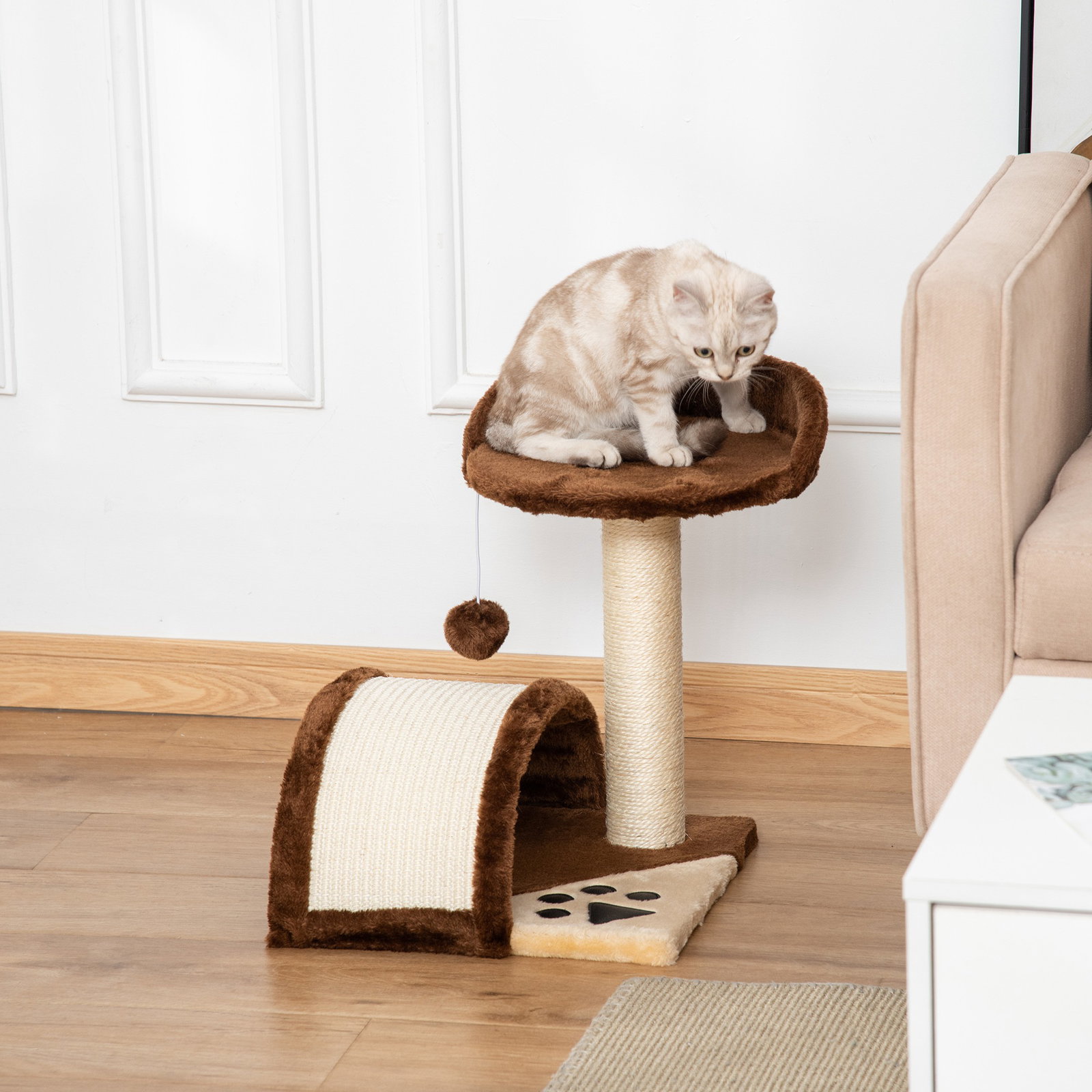 Árvore arranhador para gatos de 2 níveis com poste e tapete de arranhar cama e bola suspensa 35,5x37x46 cm marrom