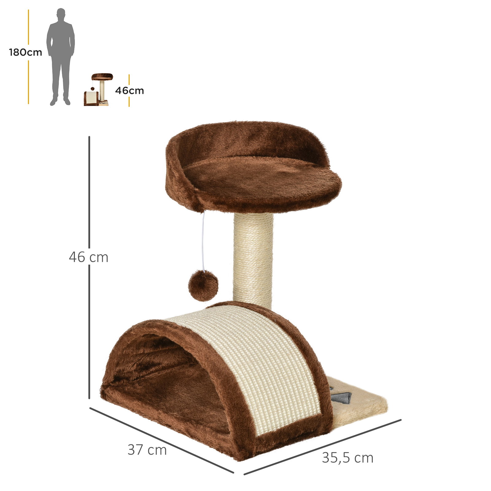 Árvore arranhador para gatos de 2 níveis com poste e tapete de arranhar cama e bola suspensa 35,5x37x46 cm marrom