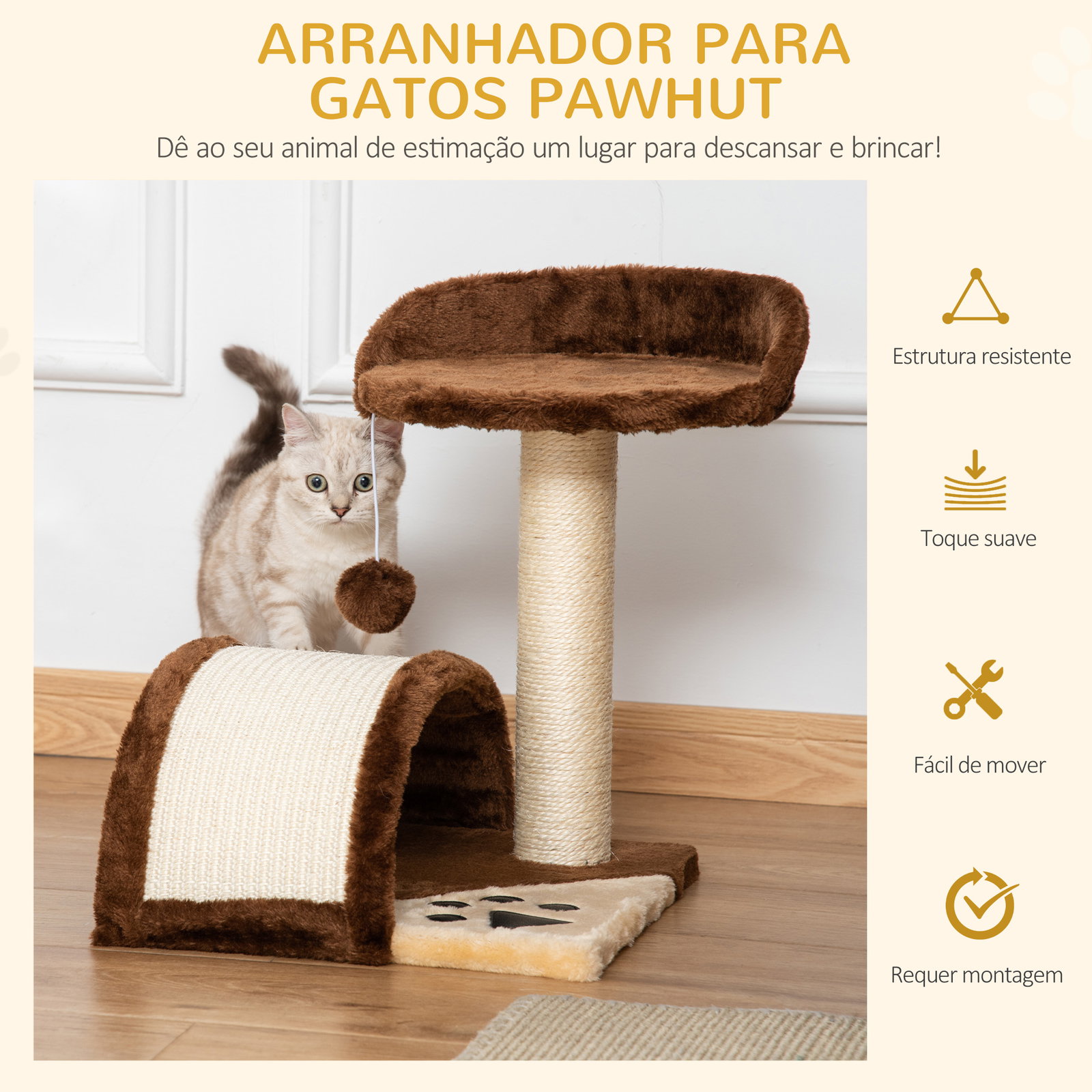 Árvore arranhador para gatos de 2 níveis com poste e tapete de arranhar cama e bola suspensa 35,5x37x46 cm marrom