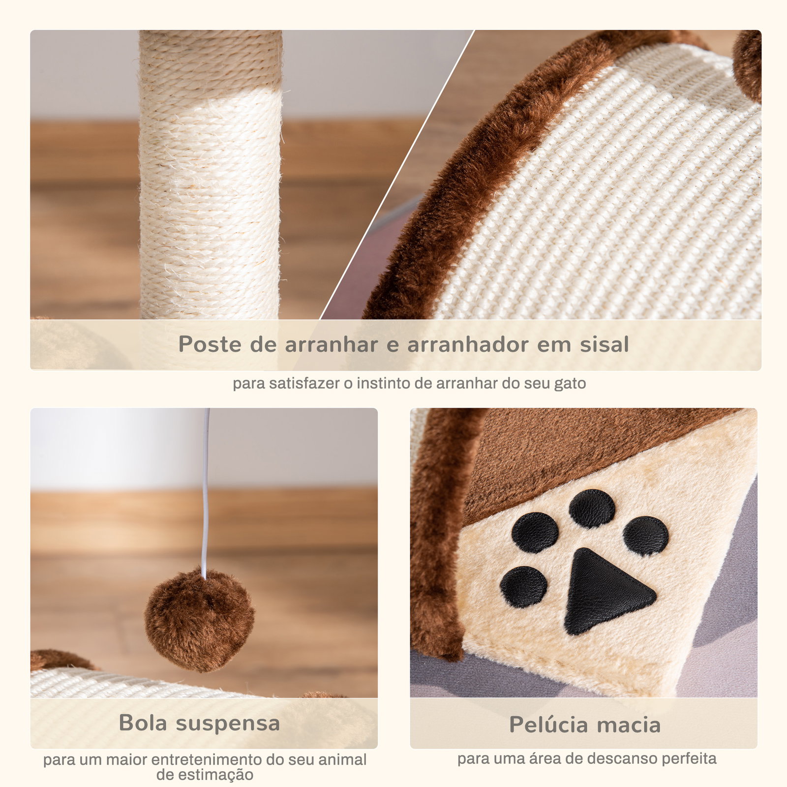 Árvore arranhador para gatos de 2 níveis com poste e tapete de arranhar cama e bola suspensa 35,5x37x46 cm marrom