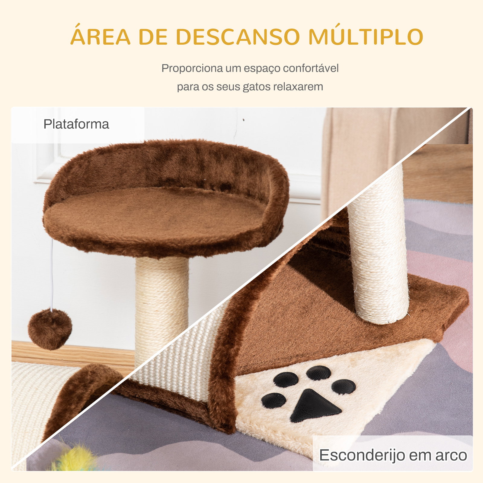Árvore arranhador para gatos de 2 níveis com poste e tapete de arranhar cama e bola suspensa 35,5x37x46 cm marrom