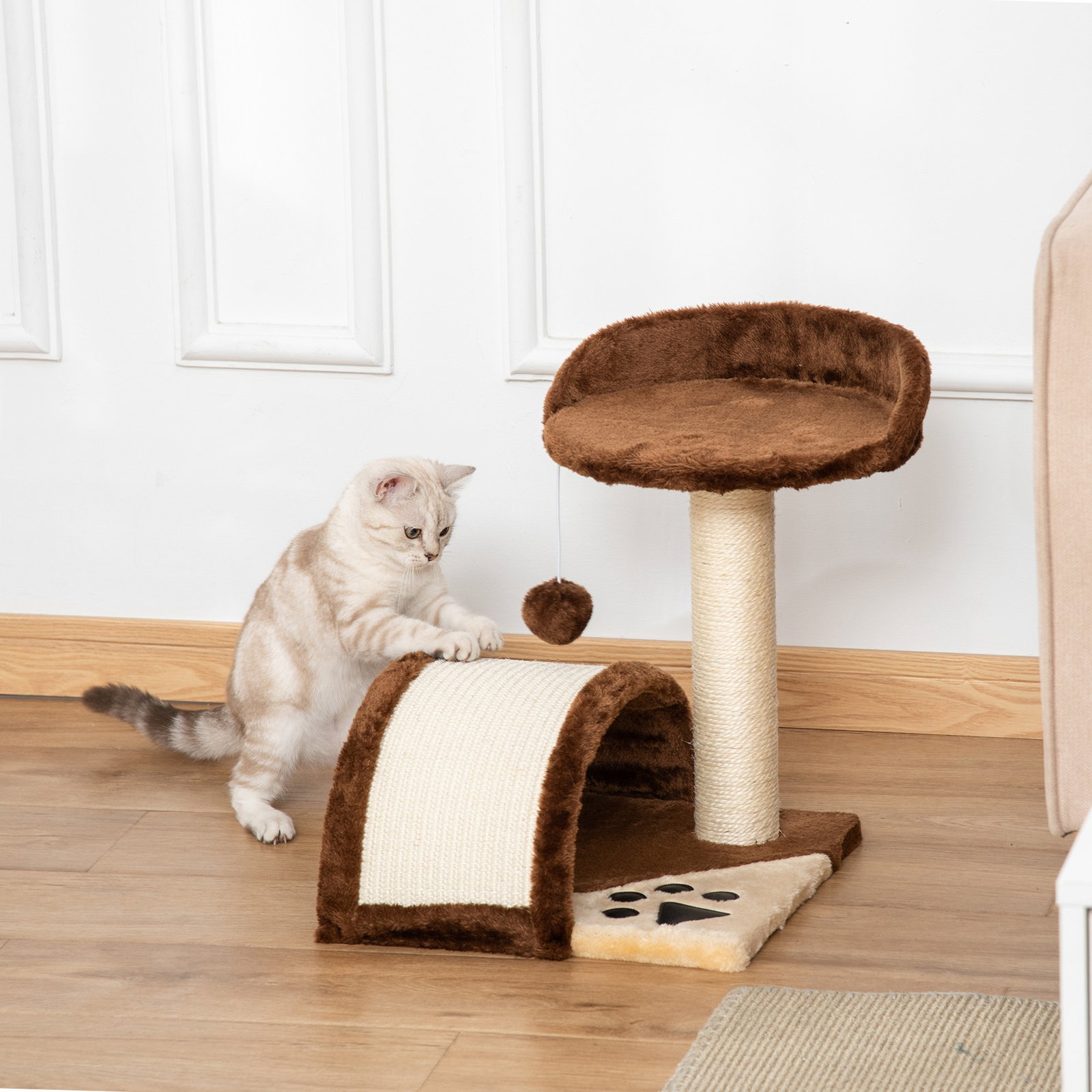 Árvore arranhador para gatos de 2 níveis com poste e tapete de arranhar cama e bola suspensa 35,5x37x46 cm marrom