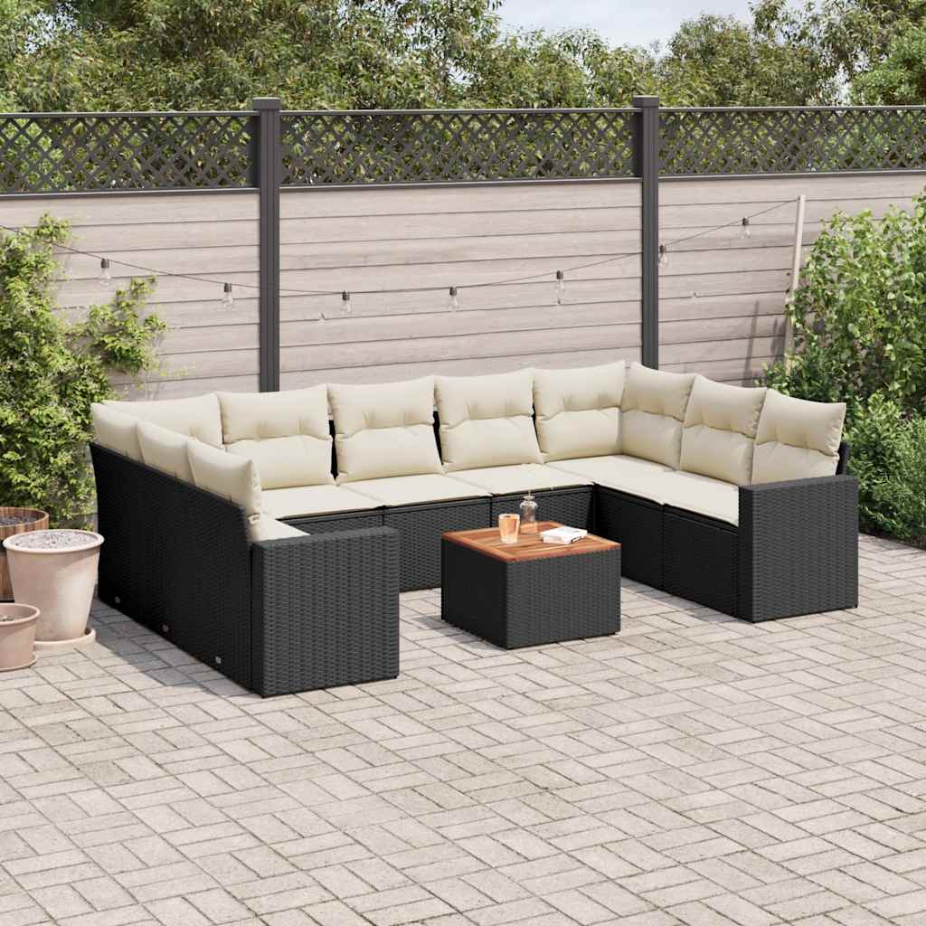 10 Pcs conjunto sofás de jardim c/ almofadões vime PE preto