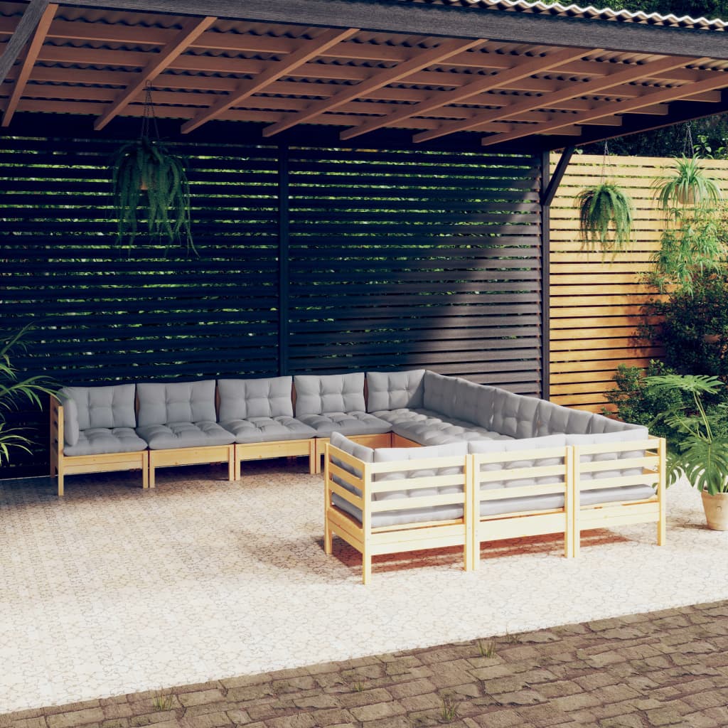 11 Pcs conjunto lounge de jardim c/ almofadões cinza pinho