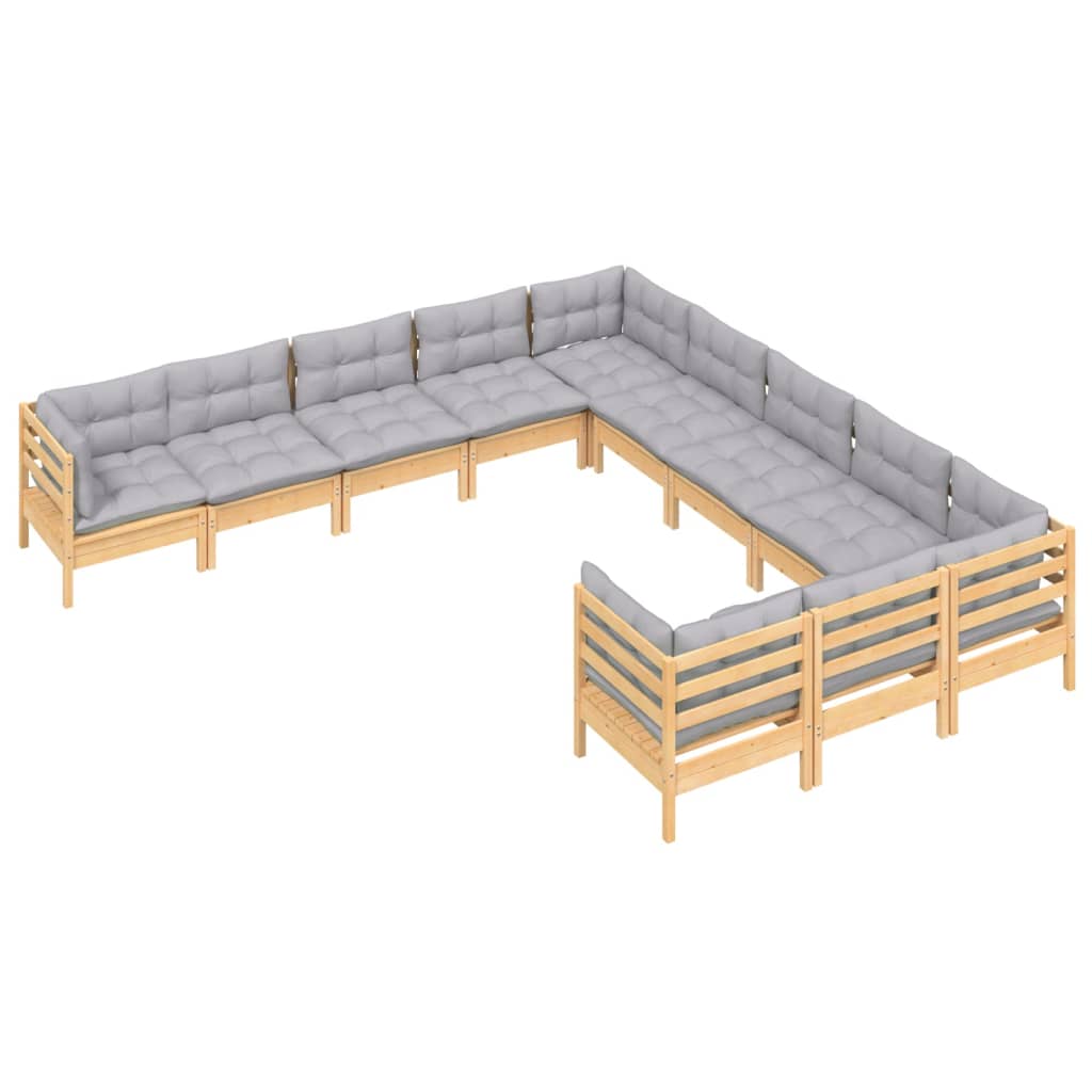 11 Pcs conjunto lounge de jardim c/ almofadões cinza pinho