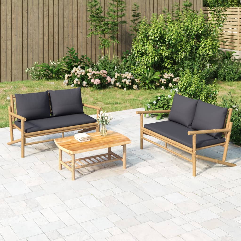 3Pcs conj. lounge de jardim bambu c/ almofadões cinzento-escuro