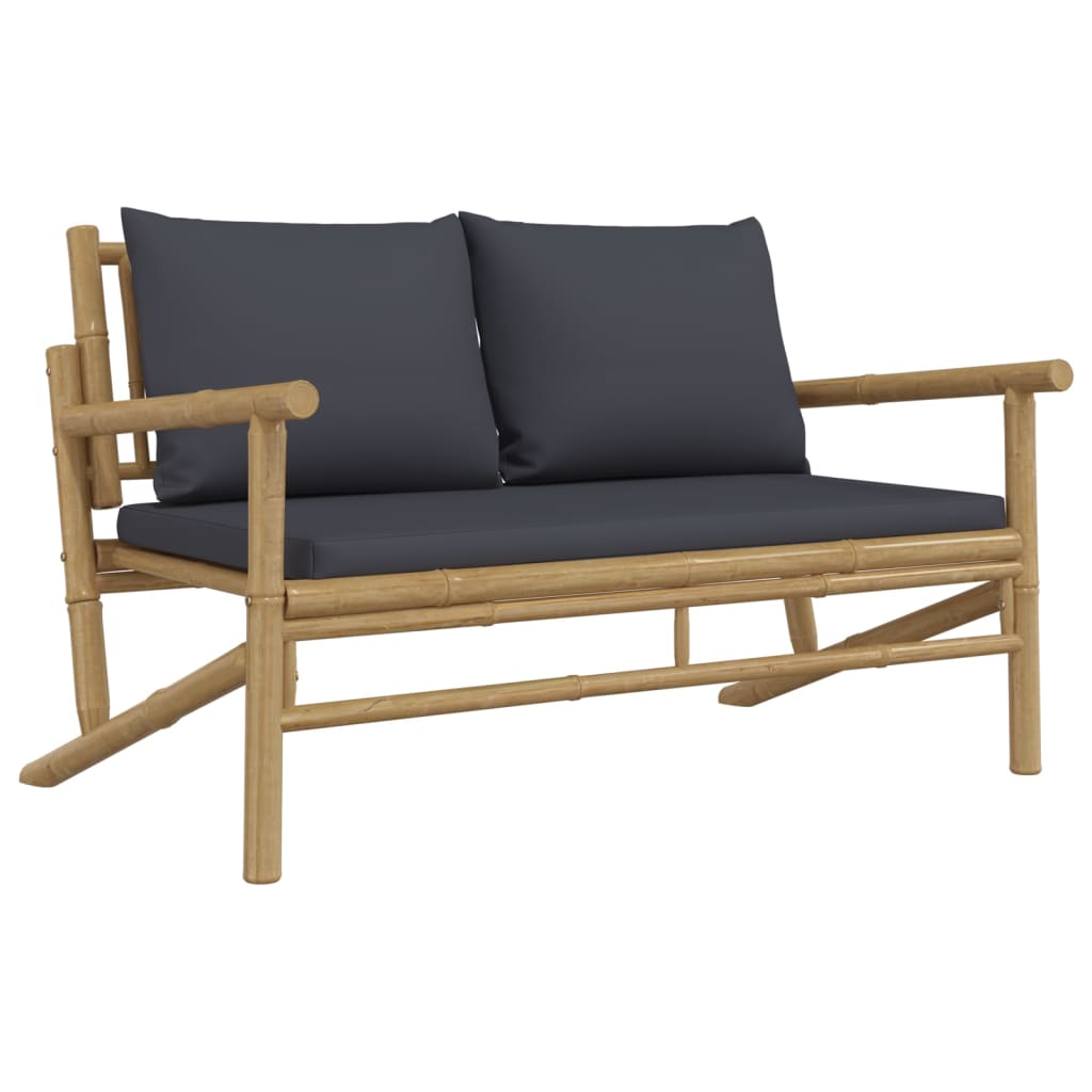 3Pcs conj. lounge de jardim bambu c/ almofadões cinzento-escuro