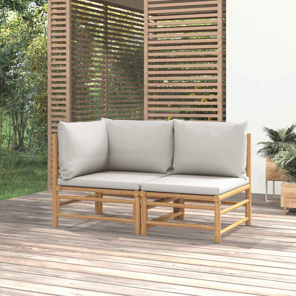 2 Pcs conj. lounge de jardim bambu c/ almofadões cinzento-claro