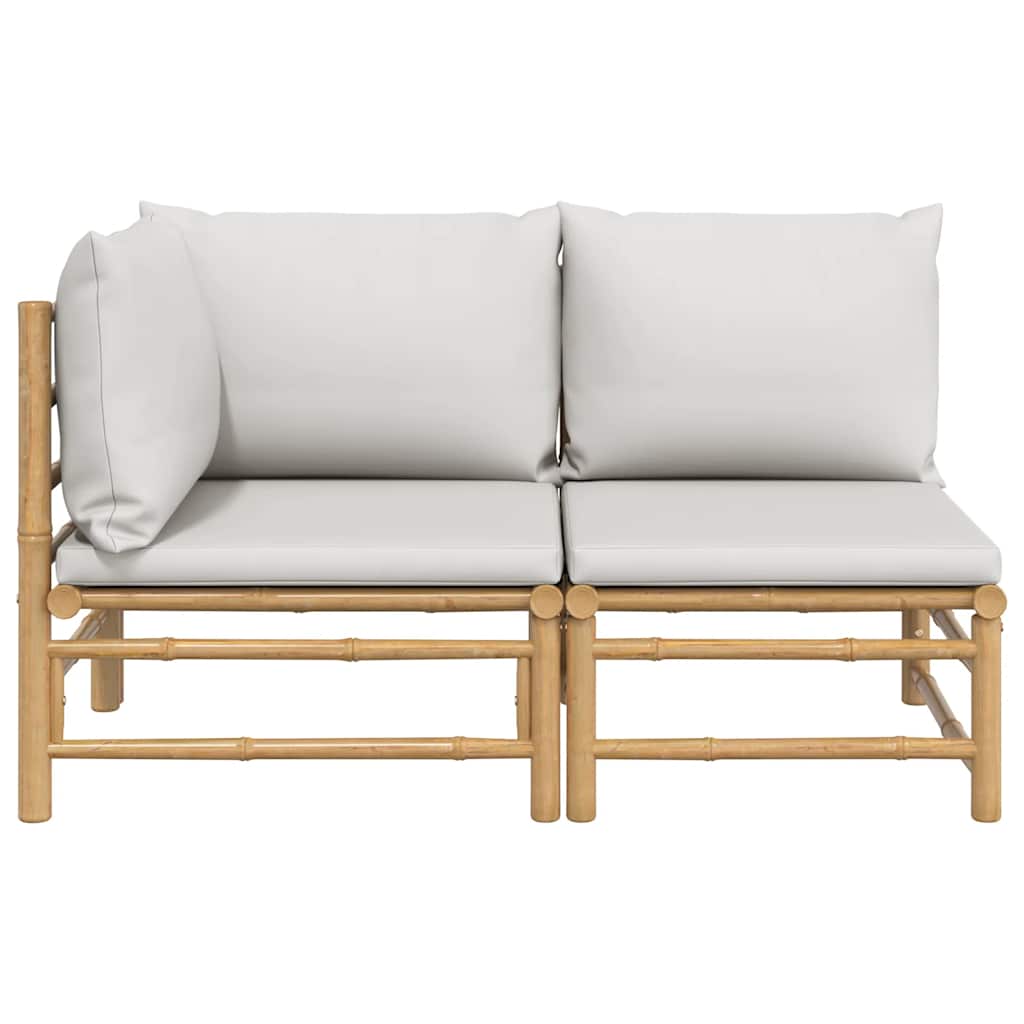 2 Pcs conj. lounge de jardim bambu c/ almofadões cinzento-claro