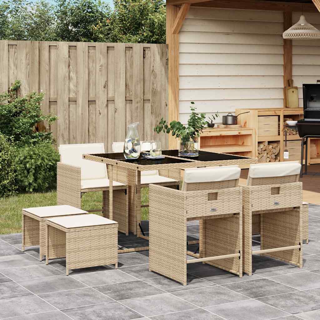 9 Pcs conjunto de jantar p/ jardim com almofadões vime PE bege