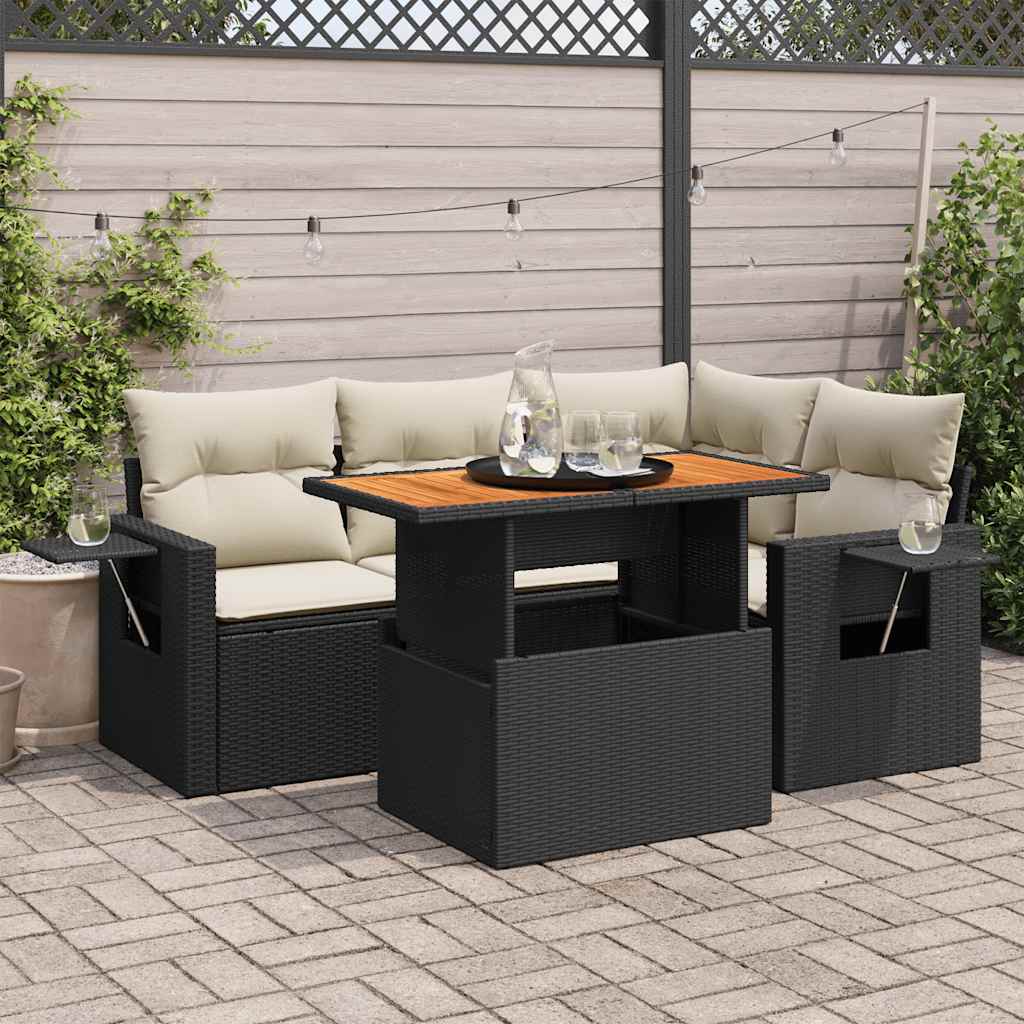 5 Pcs conjunto sofás de jardim com almofadões vime PE preto