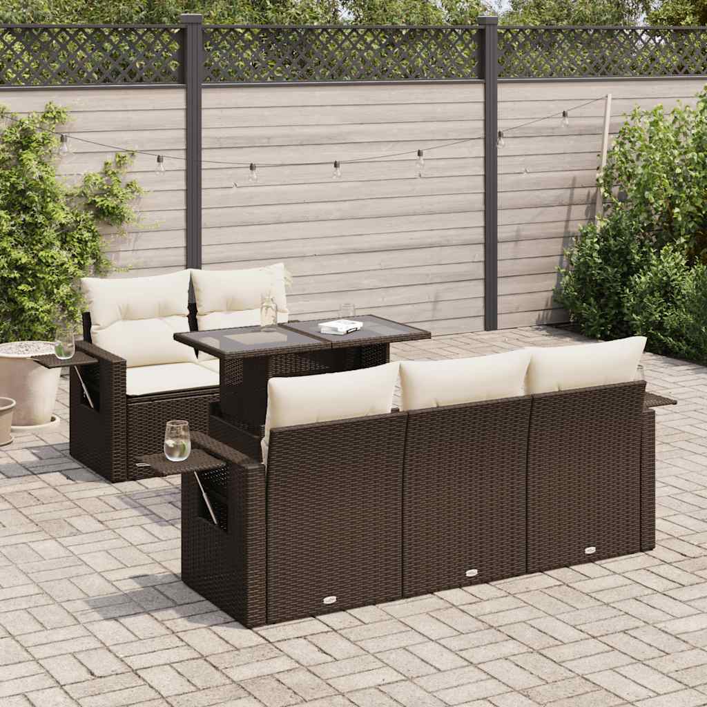 6 Pcs conjunto de sofás jardim c/ almofadões vime PE castanho